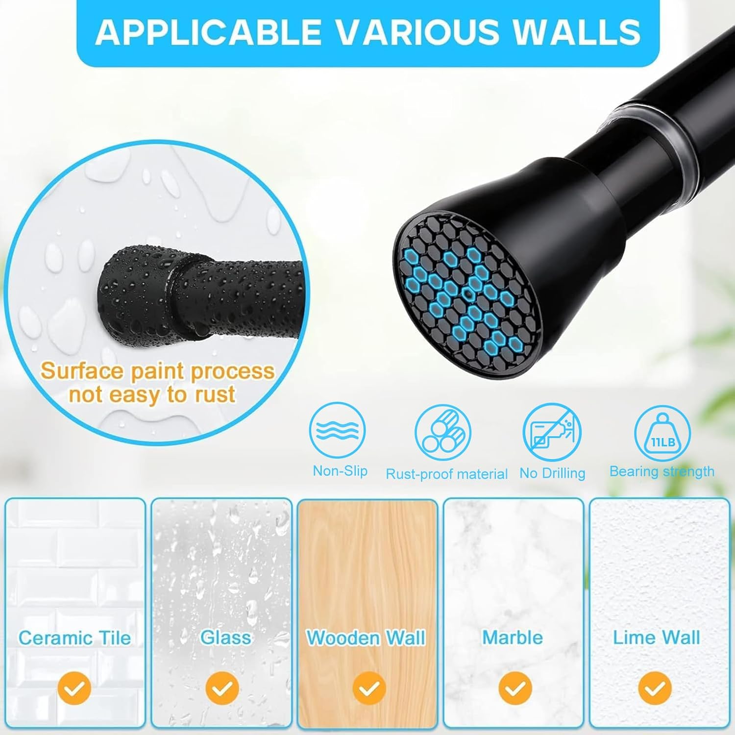 MEXAU Black Spring Tension Curtain Rod 28-52 Inches No Drill
