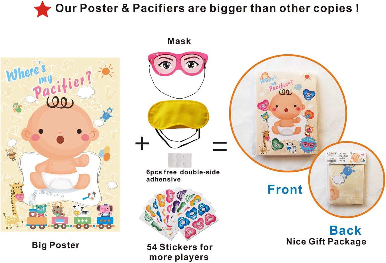 ADJOY Pacifier Pin The Baby Game - Baby Shower Party Favors