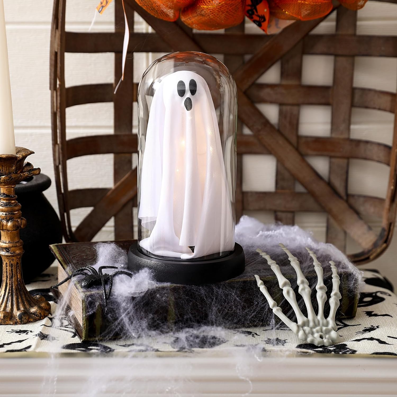 Light Up Ghost Glass Cloche Halloween Decor
