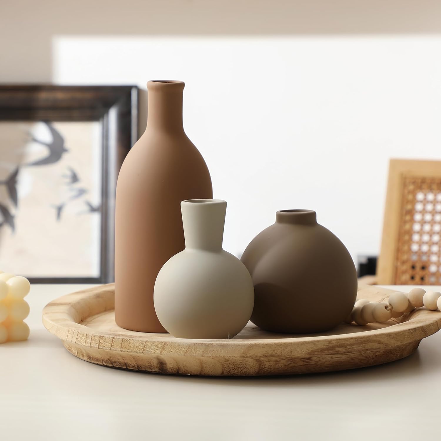 Ceramic Vase Set of 3 Brown Rustic Farmhouse Decor