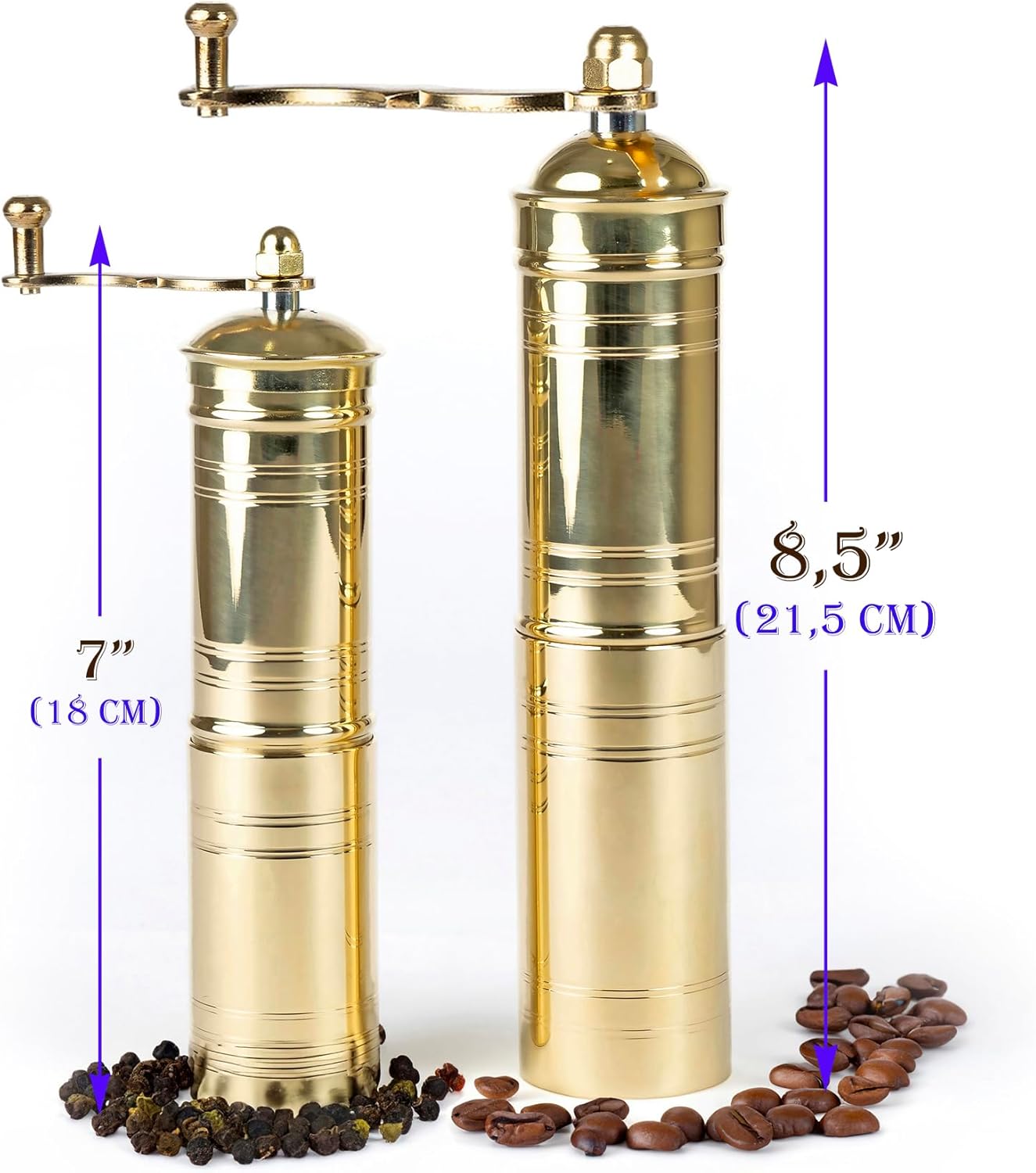 Set of Two Brass Manual Coffee Grinders with Handle