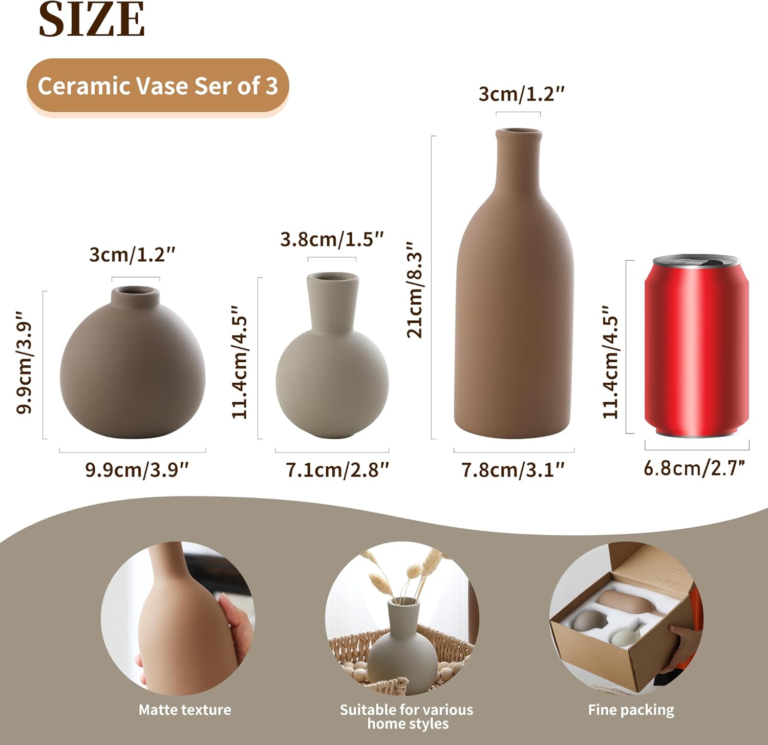 Ceramic Vase Set of 3 Brown Rustic Farmhouse Decor
