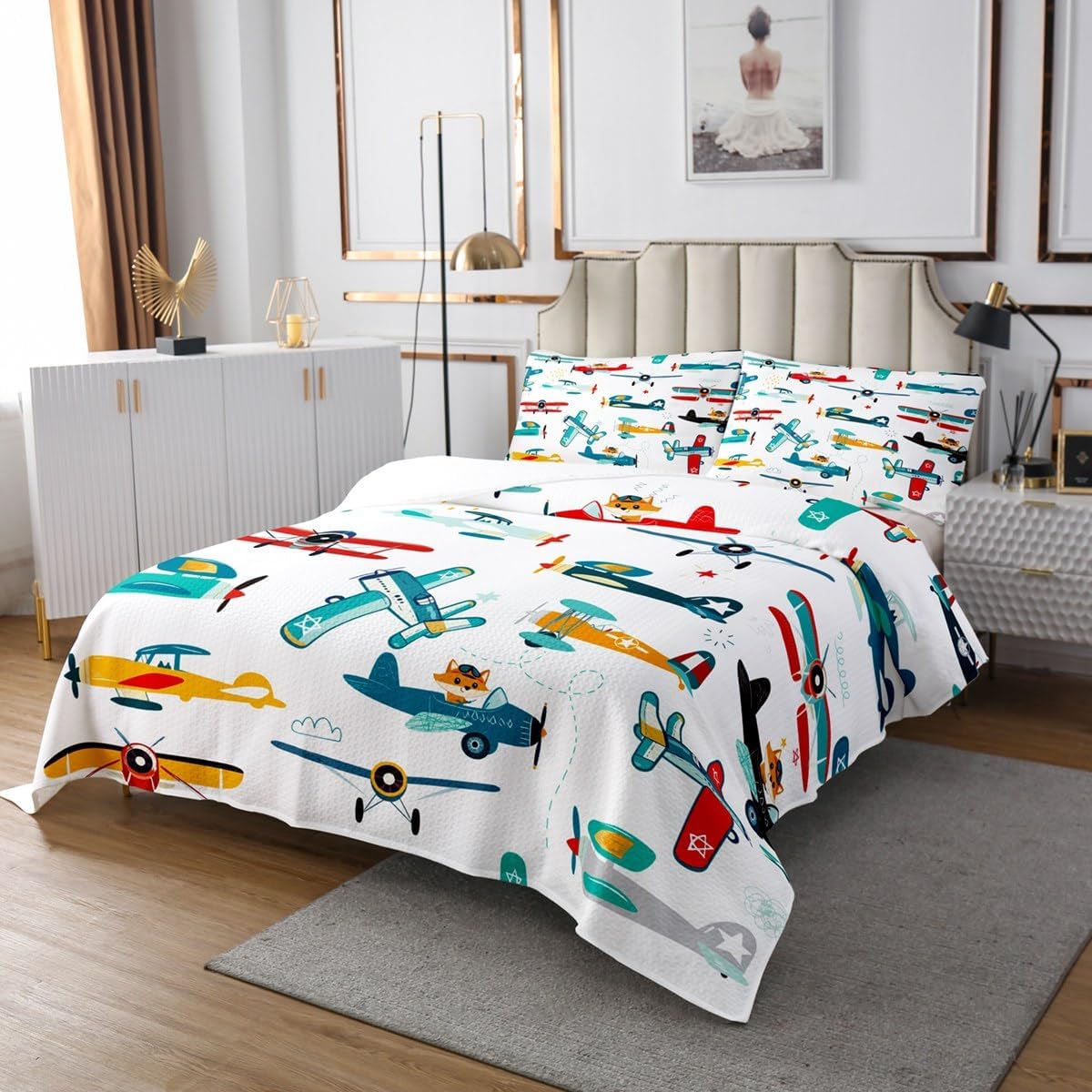 Feelyou Cartoon Aircraft Coverlet Set for Kids