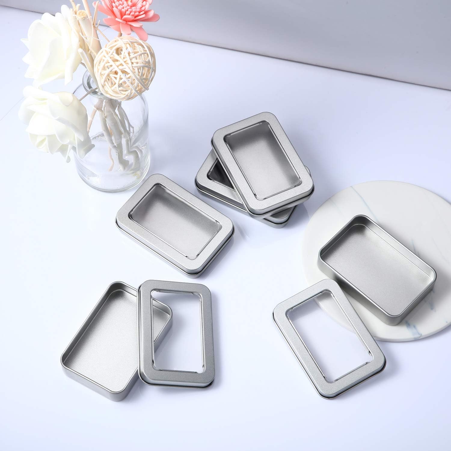 24 Piece Clear Top Tin Box Set with Lids - Silver
