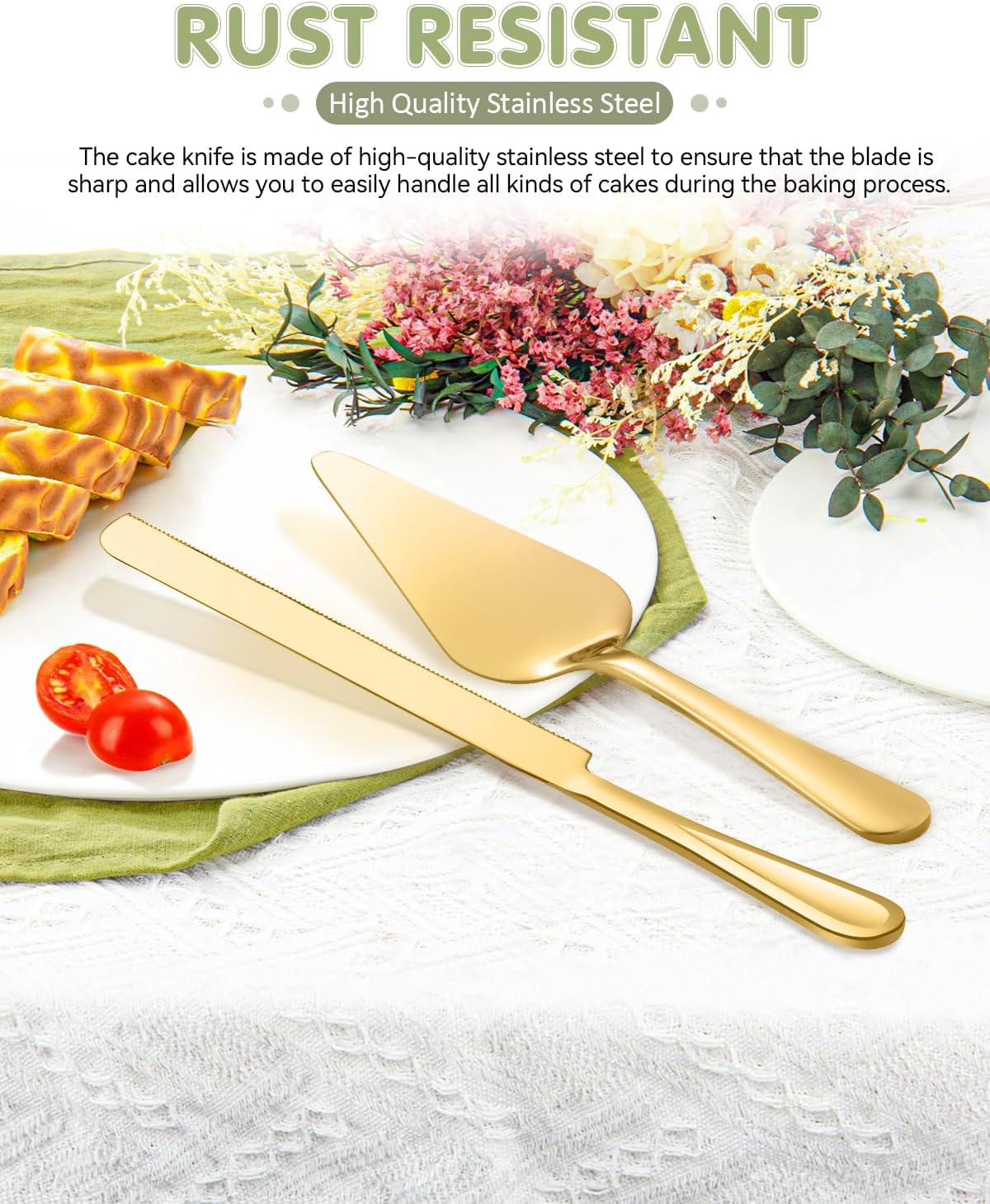 FTAKRY 13-Inch Cake Cutting Set with Gold Finish
