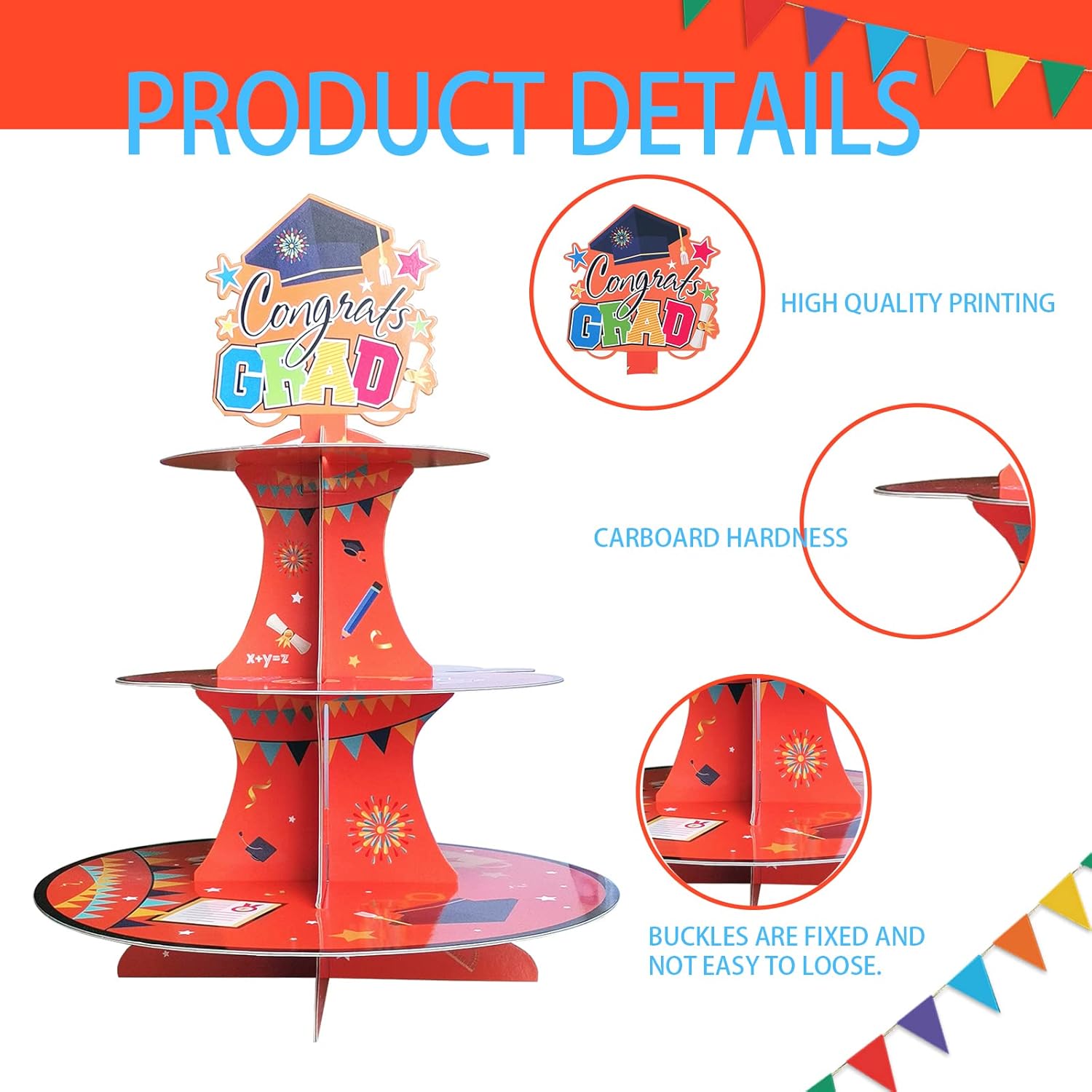 Kindergarten Graduation Cupcake Stand - 3 Tier Cardboard Dessert Tower with Congrats Grad Topper