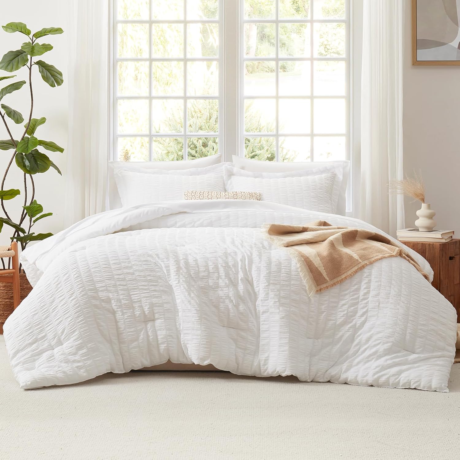 CozyLux Queen Comforter Set White Seersucker 7 Piece Bed in a Bag