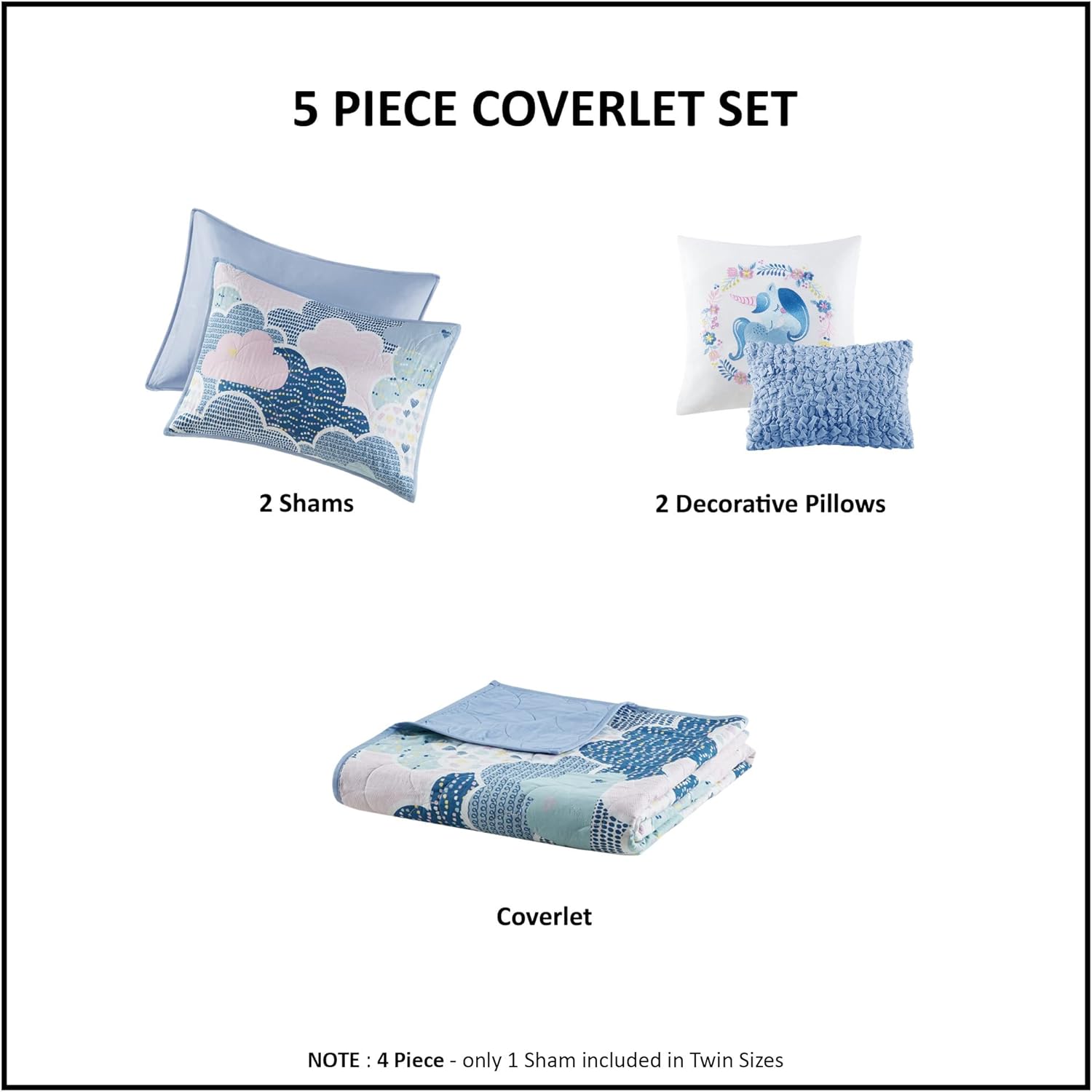 Reversible Cotton Quilt Set for Kids - 5 Piece Cloud Blue