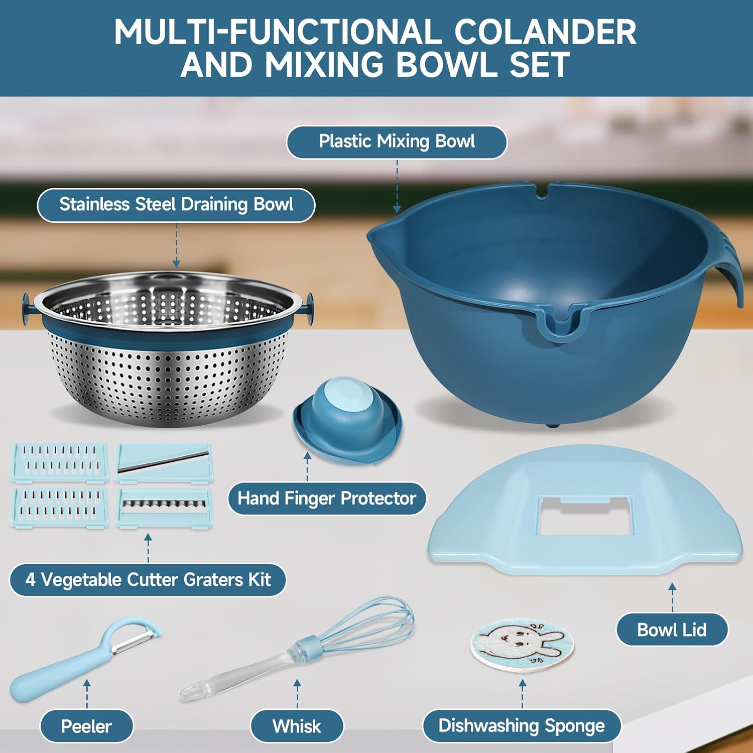4 in 1 Colander with Mixing Bowl Set - Blue