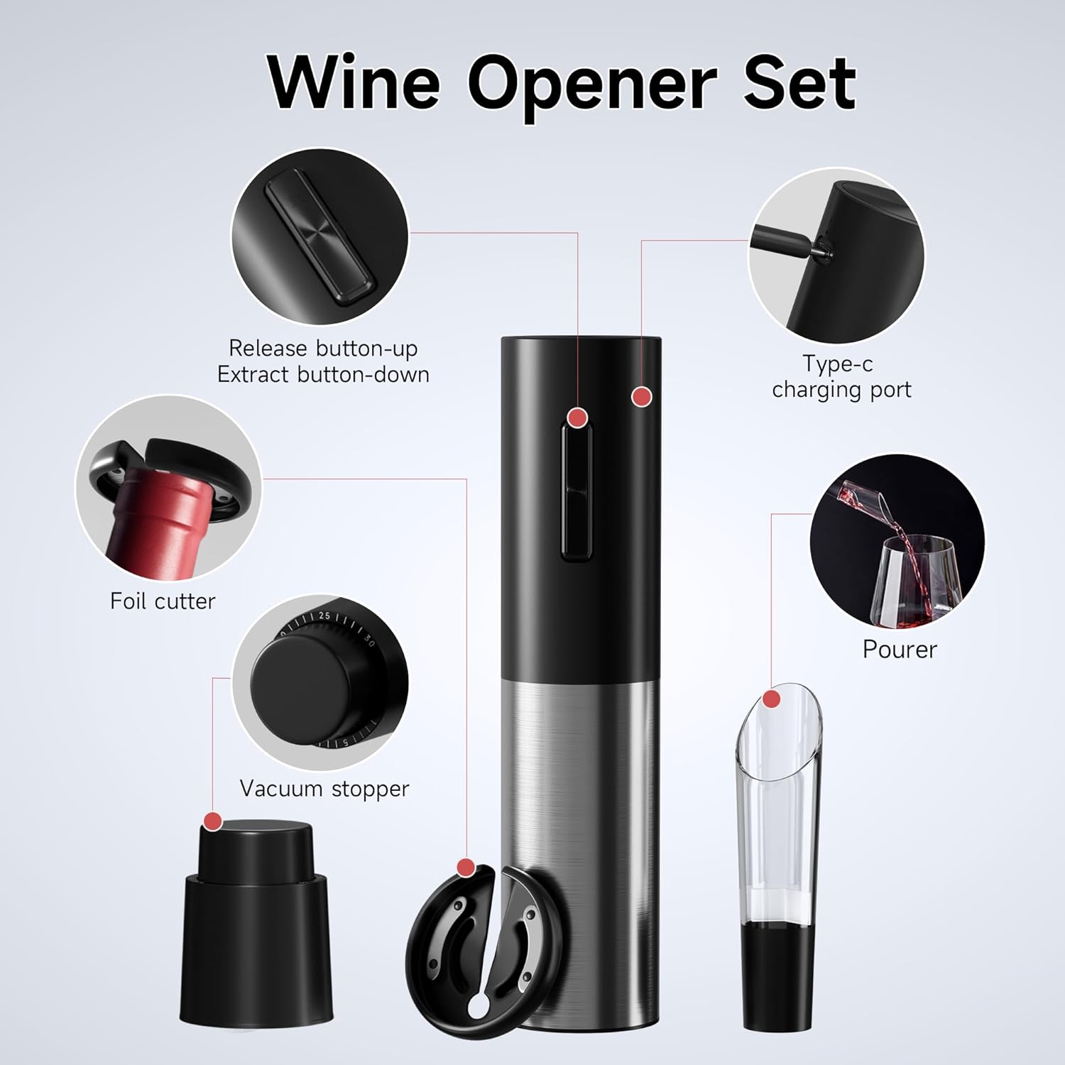 Electric Wine Opener with Air Pump and Foil Cutter 4PCS Set