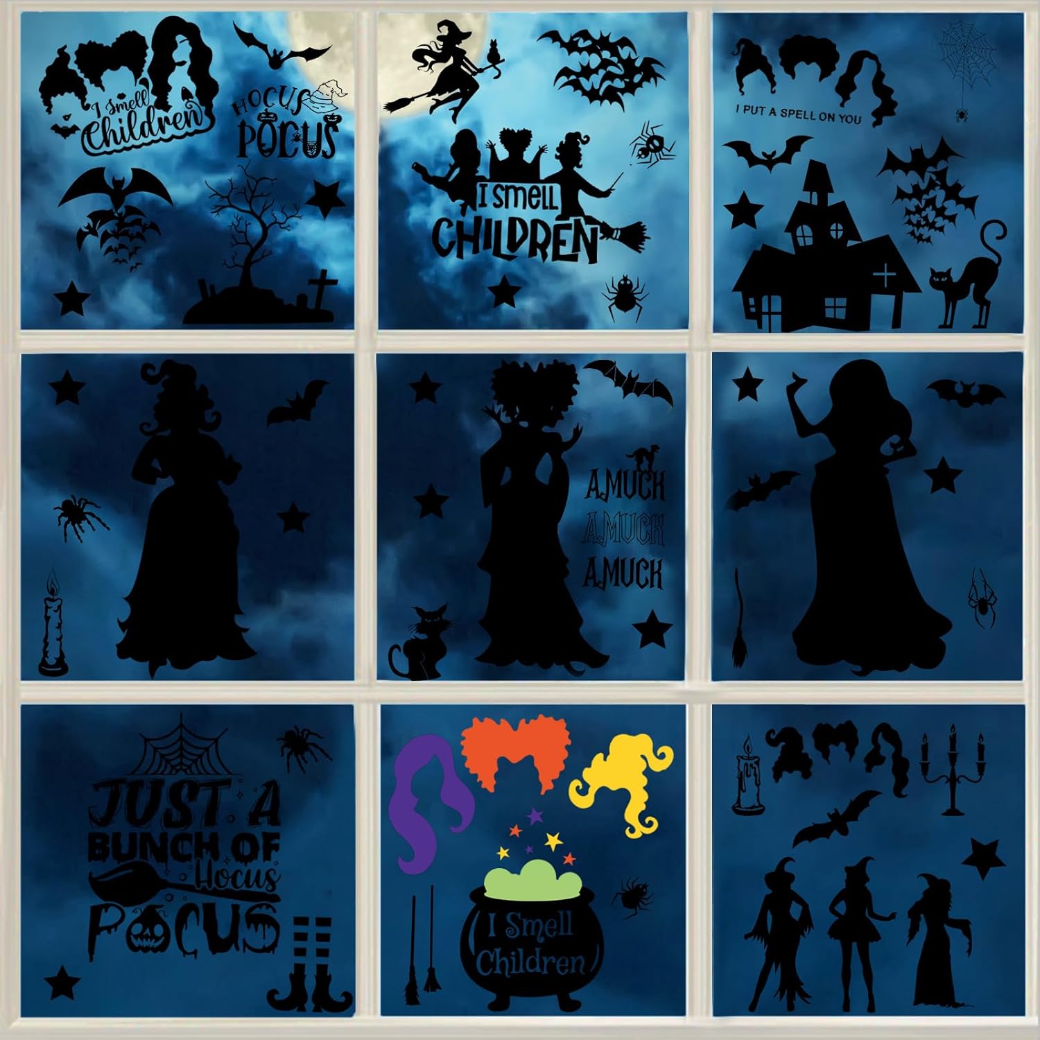 Hocus Pocus Halloween Window Clings Set 91pcs Double-Sided