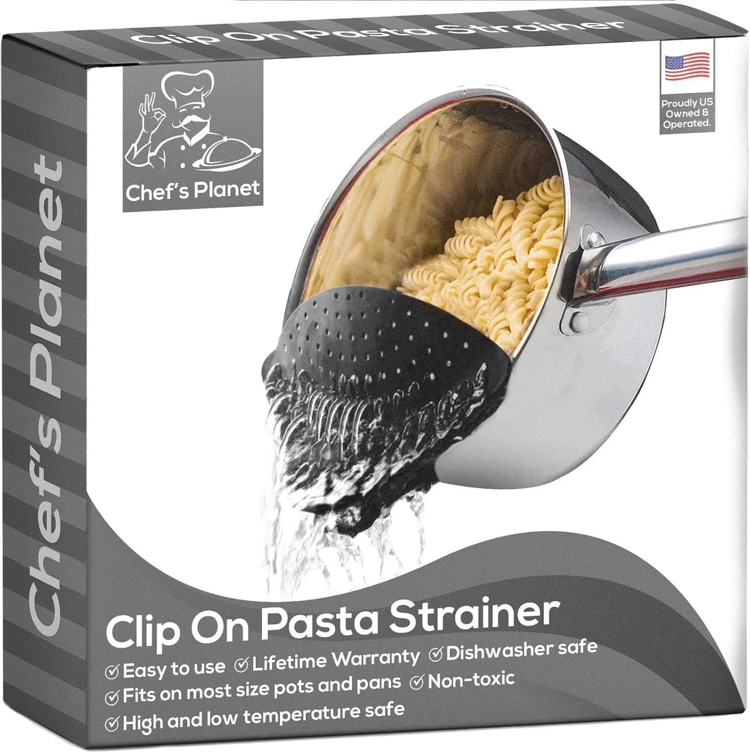 Chefs Planet Food Strainer - Black Clip On Pot Strainer
