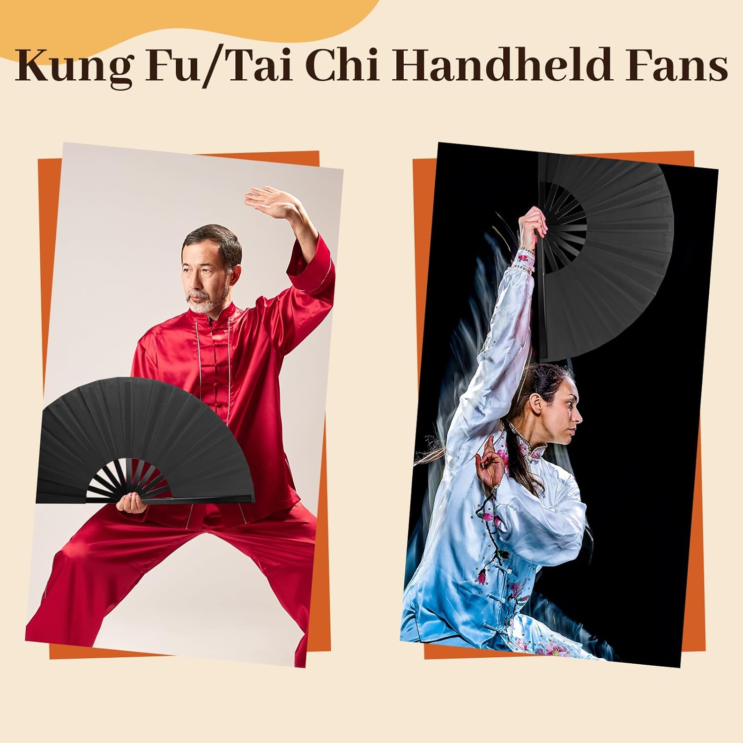 8pcs Large Folding Fans Set for Line Dance and Popping - Black