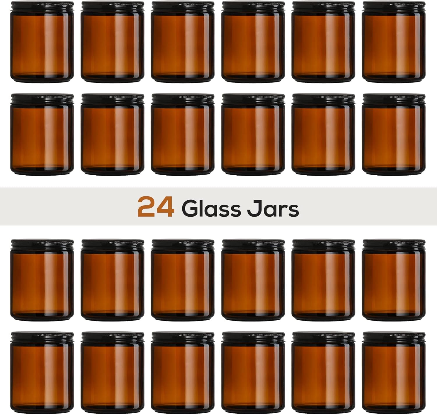 24 Pack 8oz Amber Glass Jars with Black Lids