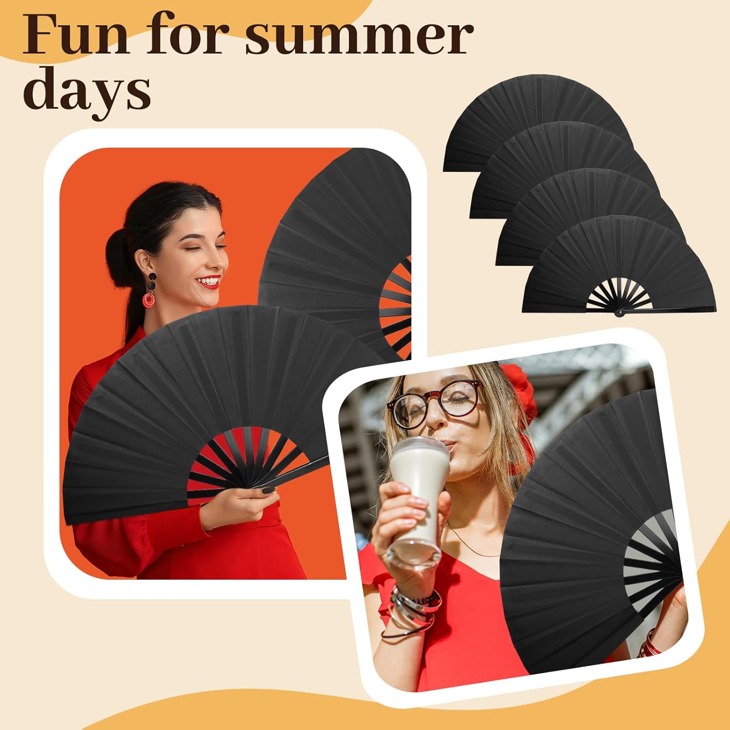8pcs Large Folding Fans Set for Line Dance and Popping - Black