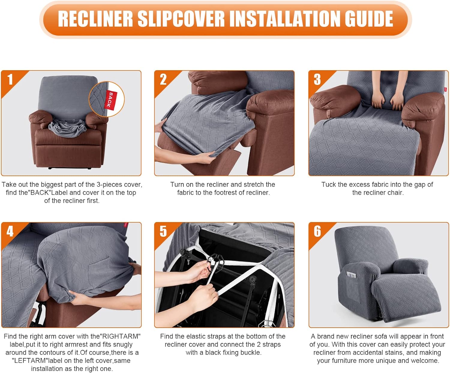 VANSOFY Recliner Chair Cover 3-Piece Set Dark Gray