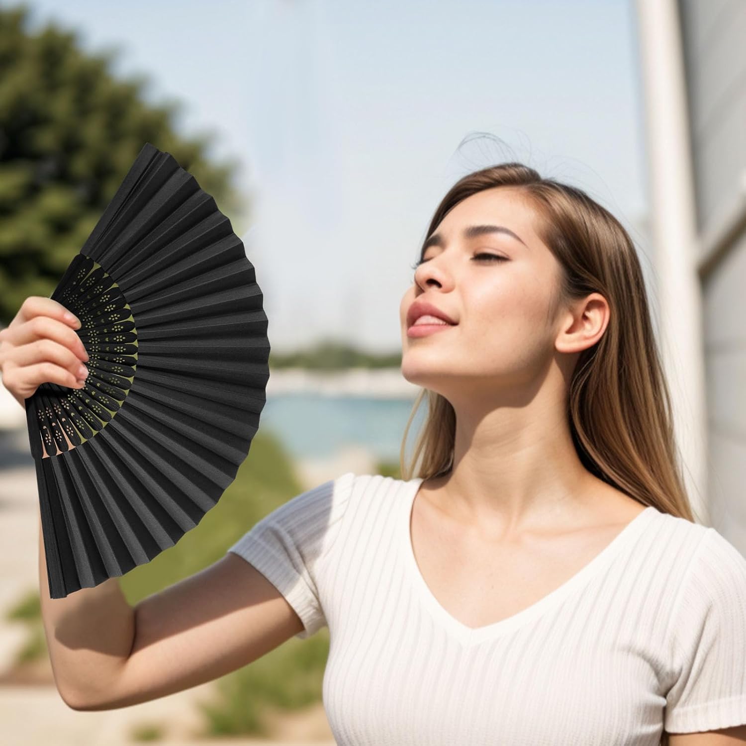 JOHOUSE 12 Pack Black Paper Folding Fans for Women