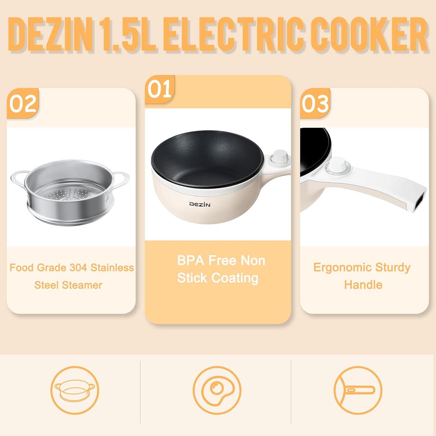 Dezin Hot Pot Electric with Steamer 15L Compact Cooker