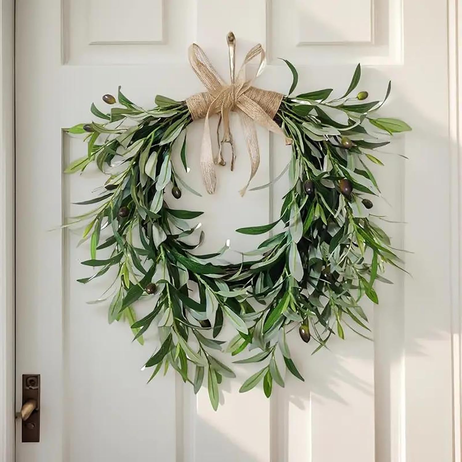 22 Inch Heart Shaped Artificial Olive Wreath - Farmhouse Style with Spring Flowers