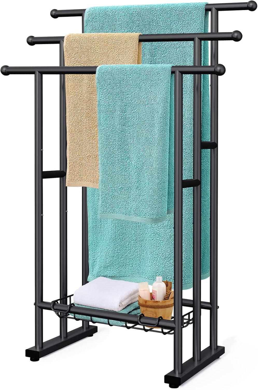 Kayfia 40 Inch Free Standing Towel Rack 3 Tier with Basket Black