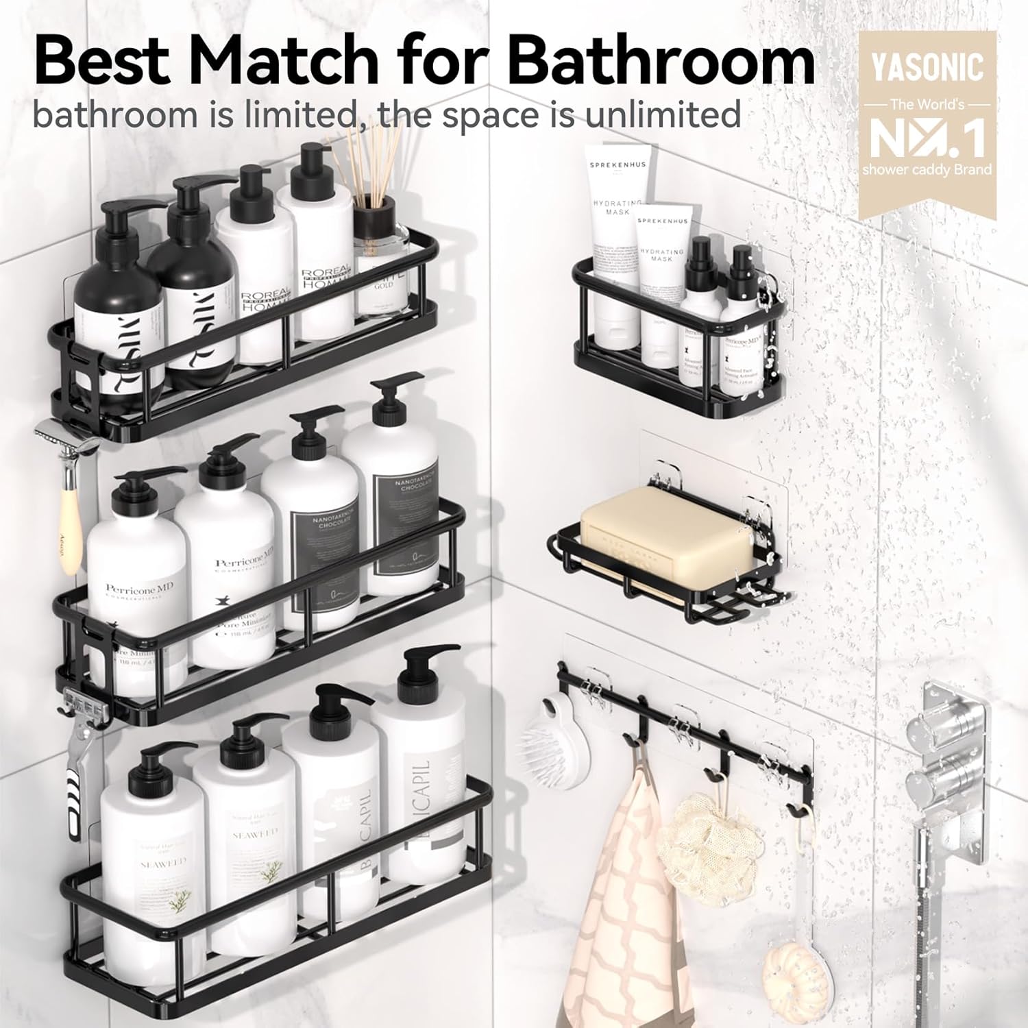 Yasonic Shower Caddy 6 Pack Black Rustproof Organizer