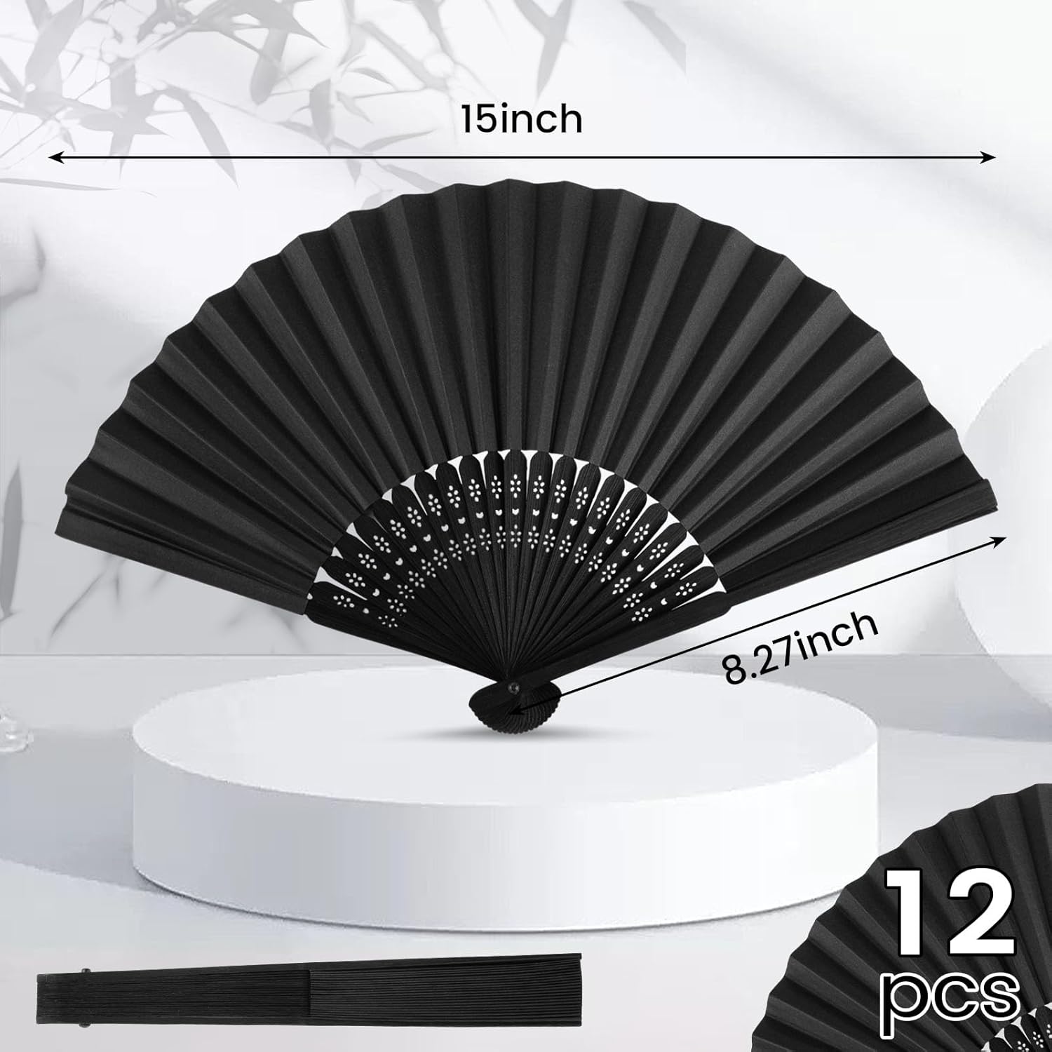 JOHOUSE 12 Pack Black Paper Folding Fans for Women