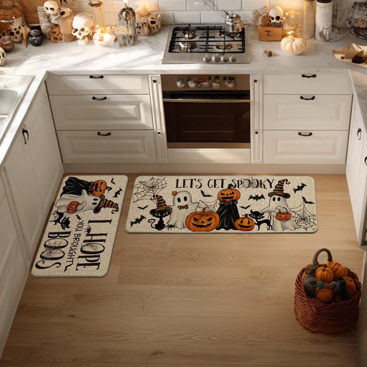 Artoid Mode Halloween Kitchen Mats Set of 2 Black Cat Spider Web