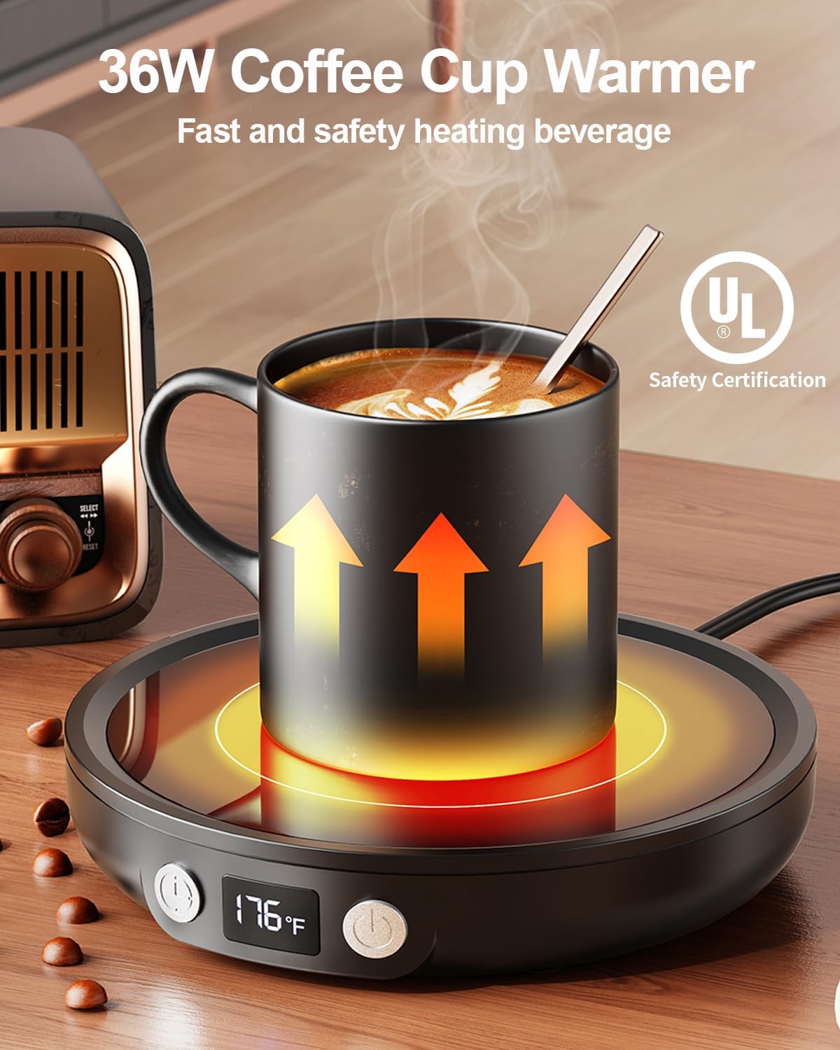 SWEETFULL Mug Warmer with 3 Temp Settings and 4H Safety Timer - Black