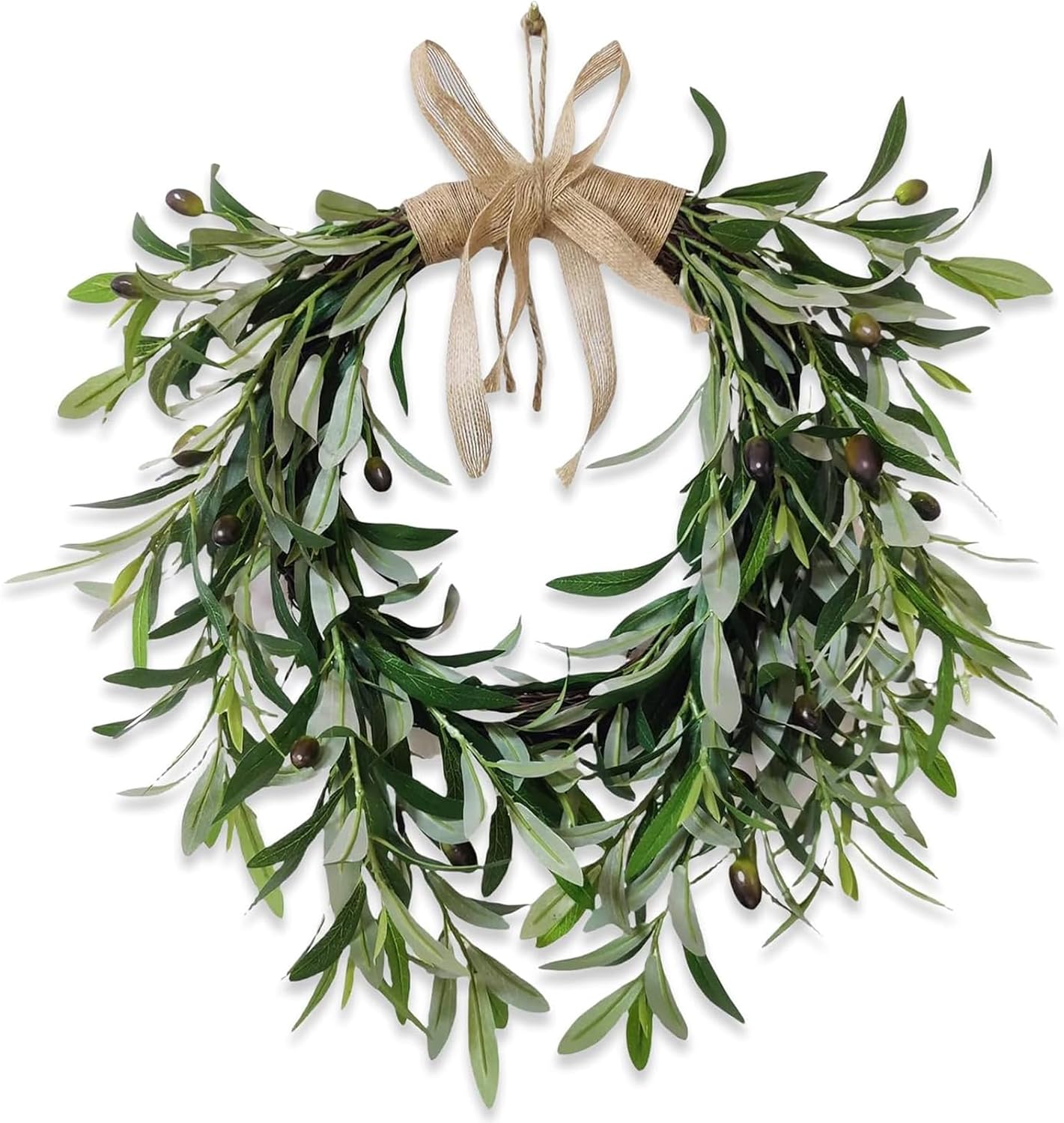 22 Inch Heart Shaped Artificial Olive Wreath - Farmhouse Style with Spring Flowers