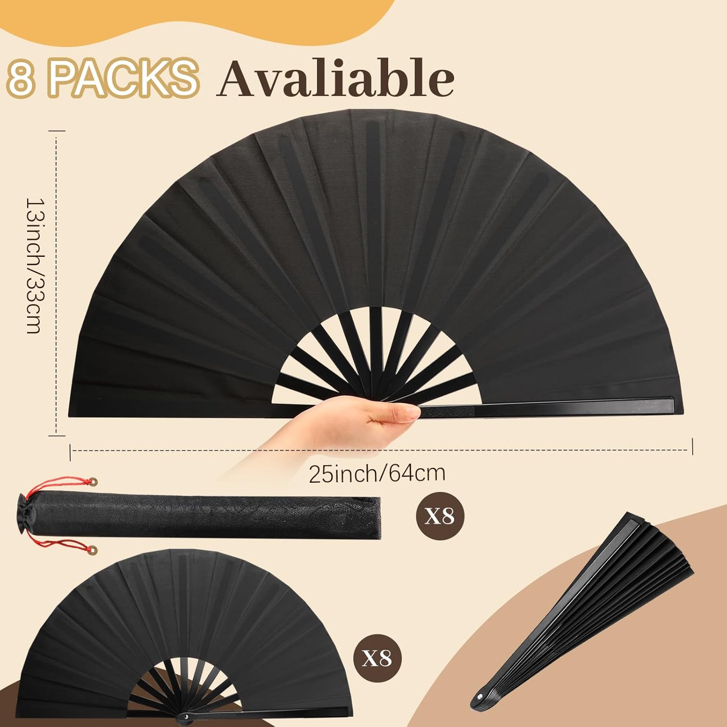 8pcs Large Folding Fans Set for Line Dance and Popping - Black