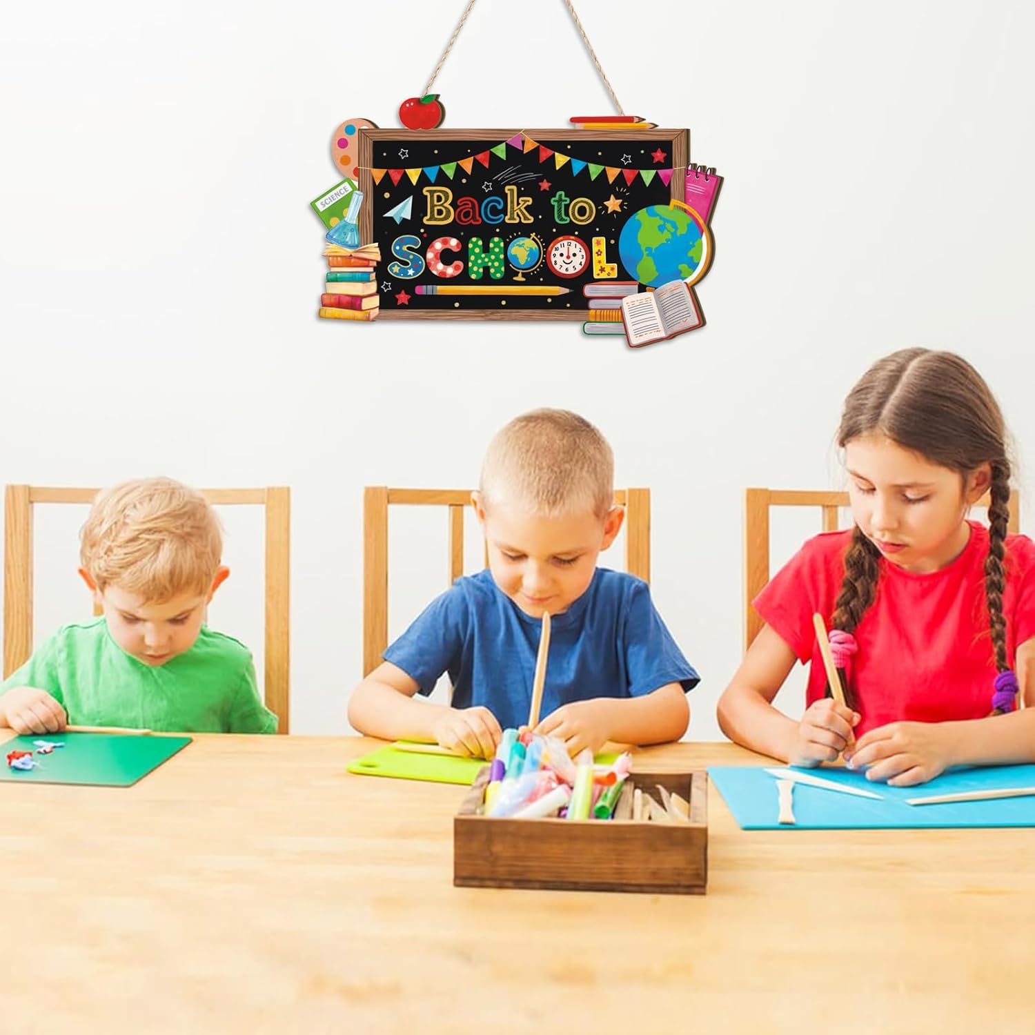 Aryroi Back to School Wood Sign with Books and Apple
