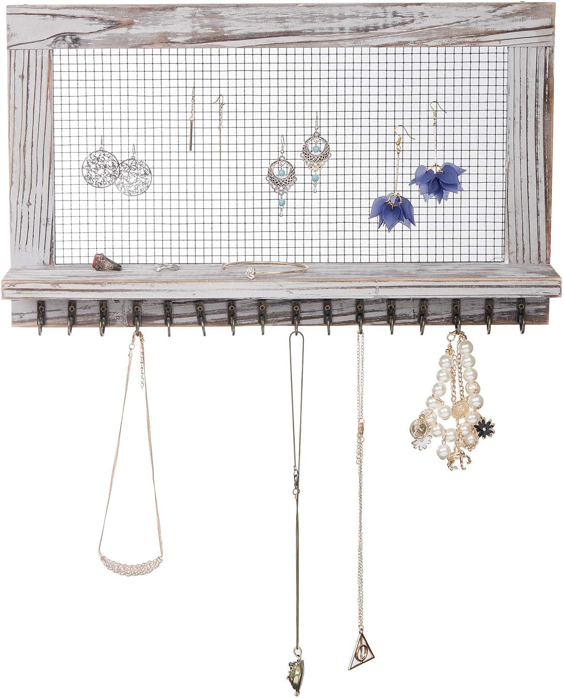 canwedance Rustic Wood Jewelry Organizer with 16 Hooks and 1 Pole