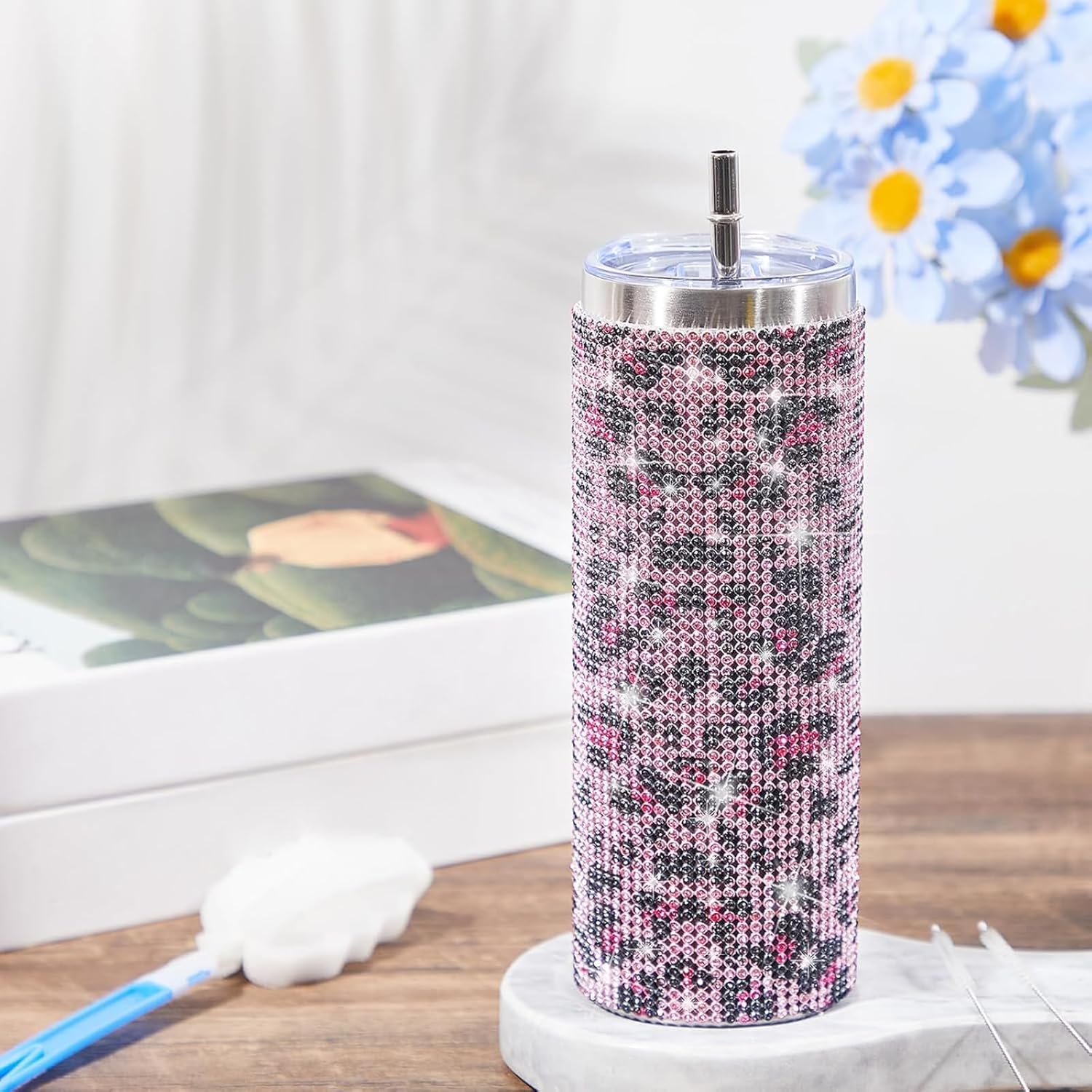 Tessco Bling Tumbler with Straw and Lid 20 oz Pink Leopard Print