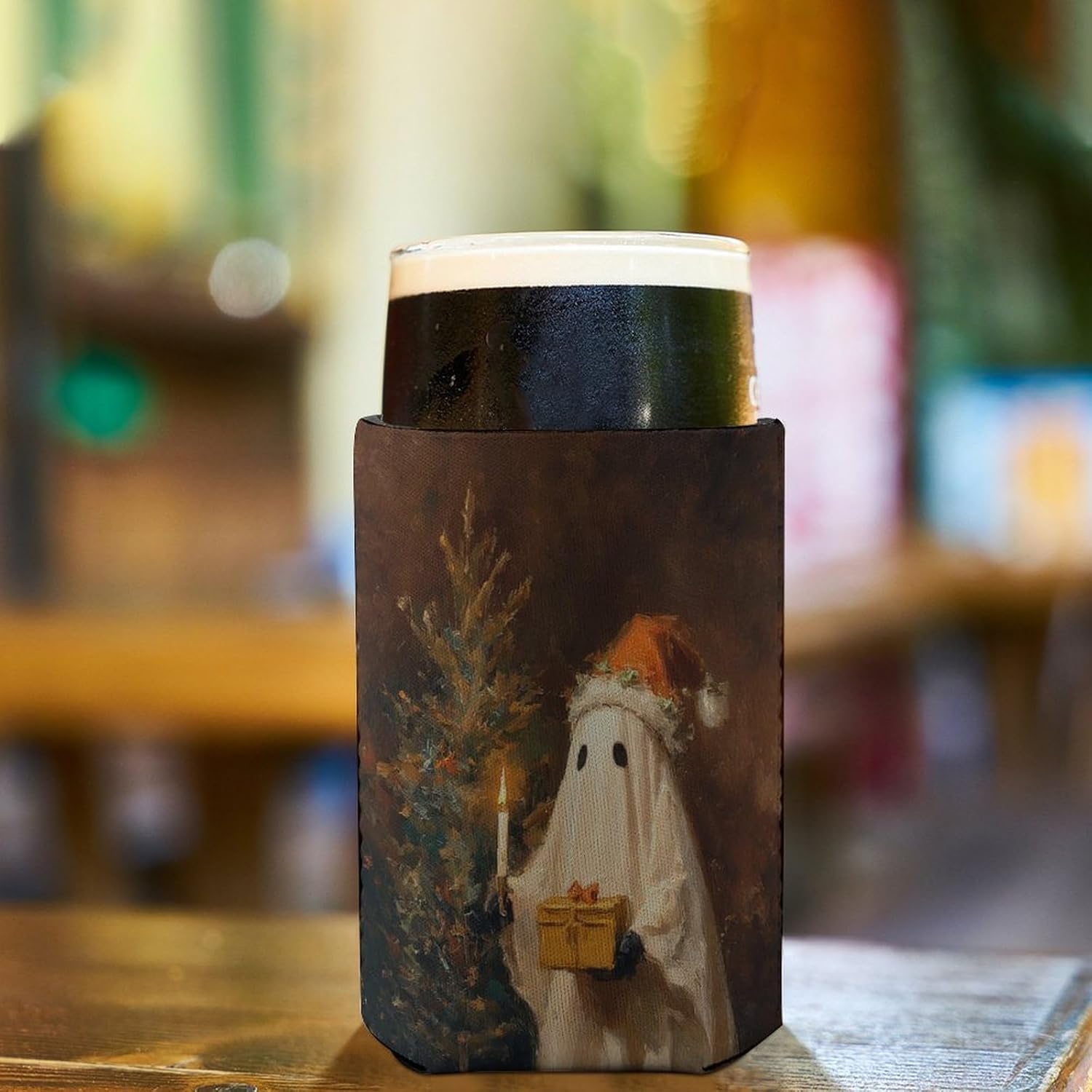 Beer Can Cooler Sleeve with Christmas Hat Ghost Design