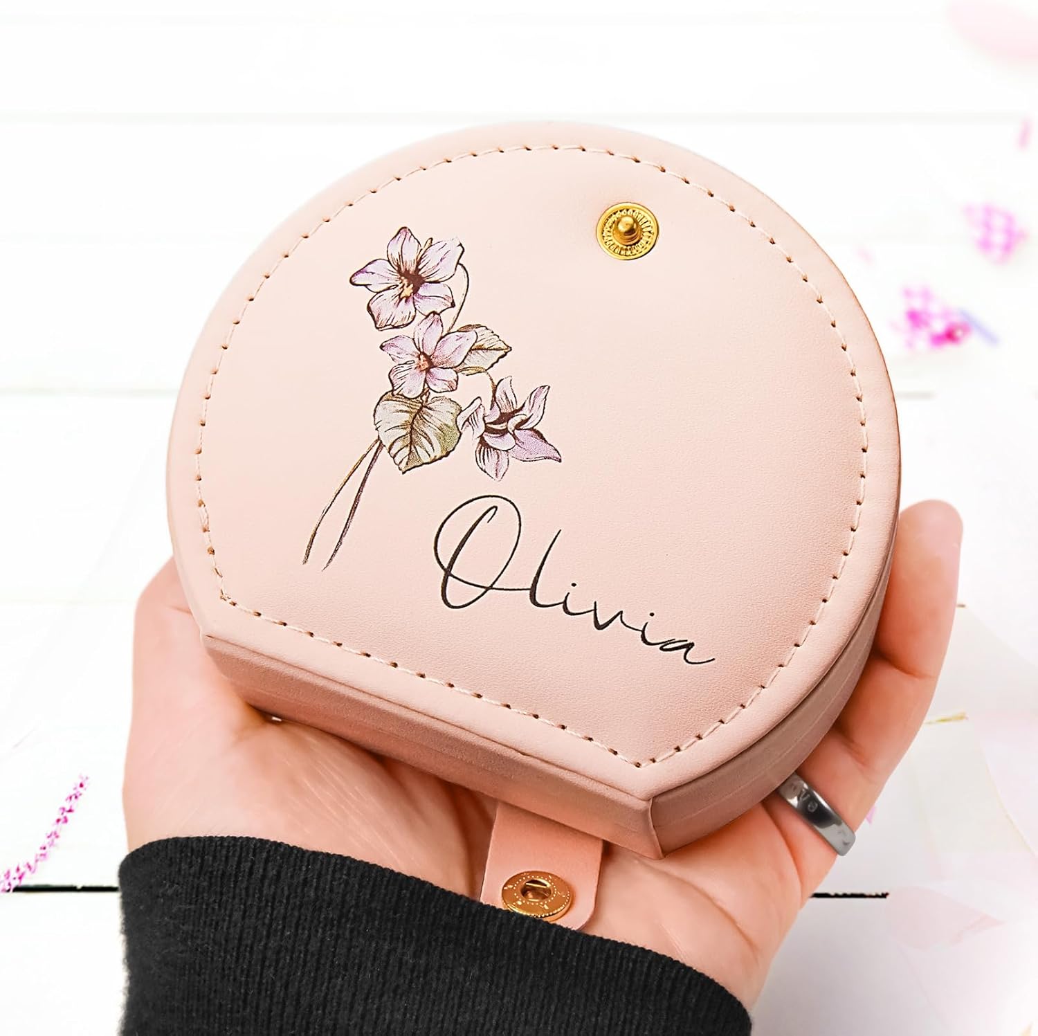 Personalized Leather Jewelry Box with Name and Birth Flower for Women