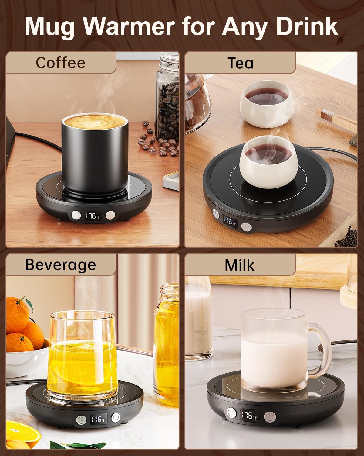 SWEETFULL Mug Warmer with 3 Temp Settings and 4H Safety Timer - Black