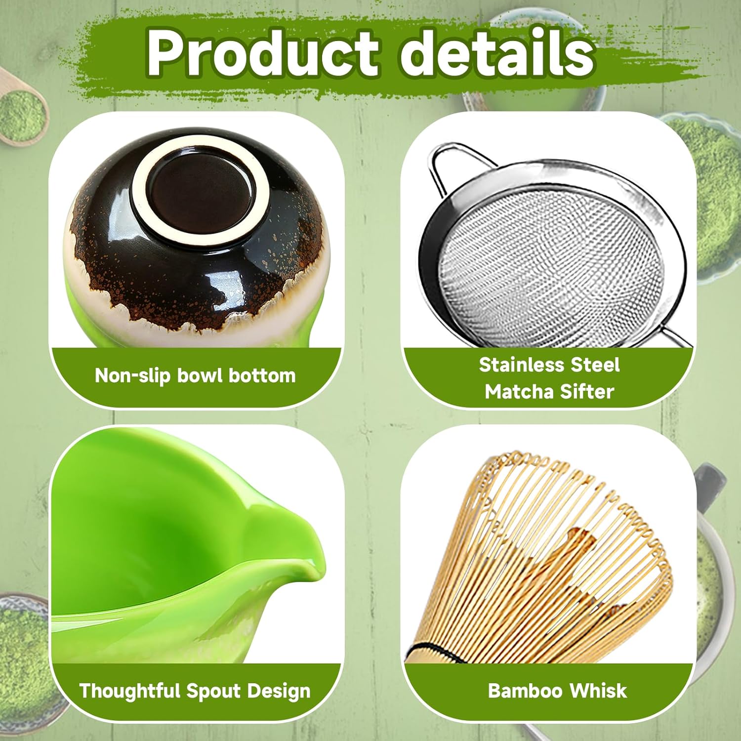 Japanese Matcha Set - Ceremony Tools with Bamboo Whisk Scoop Sifter Bowl Holder