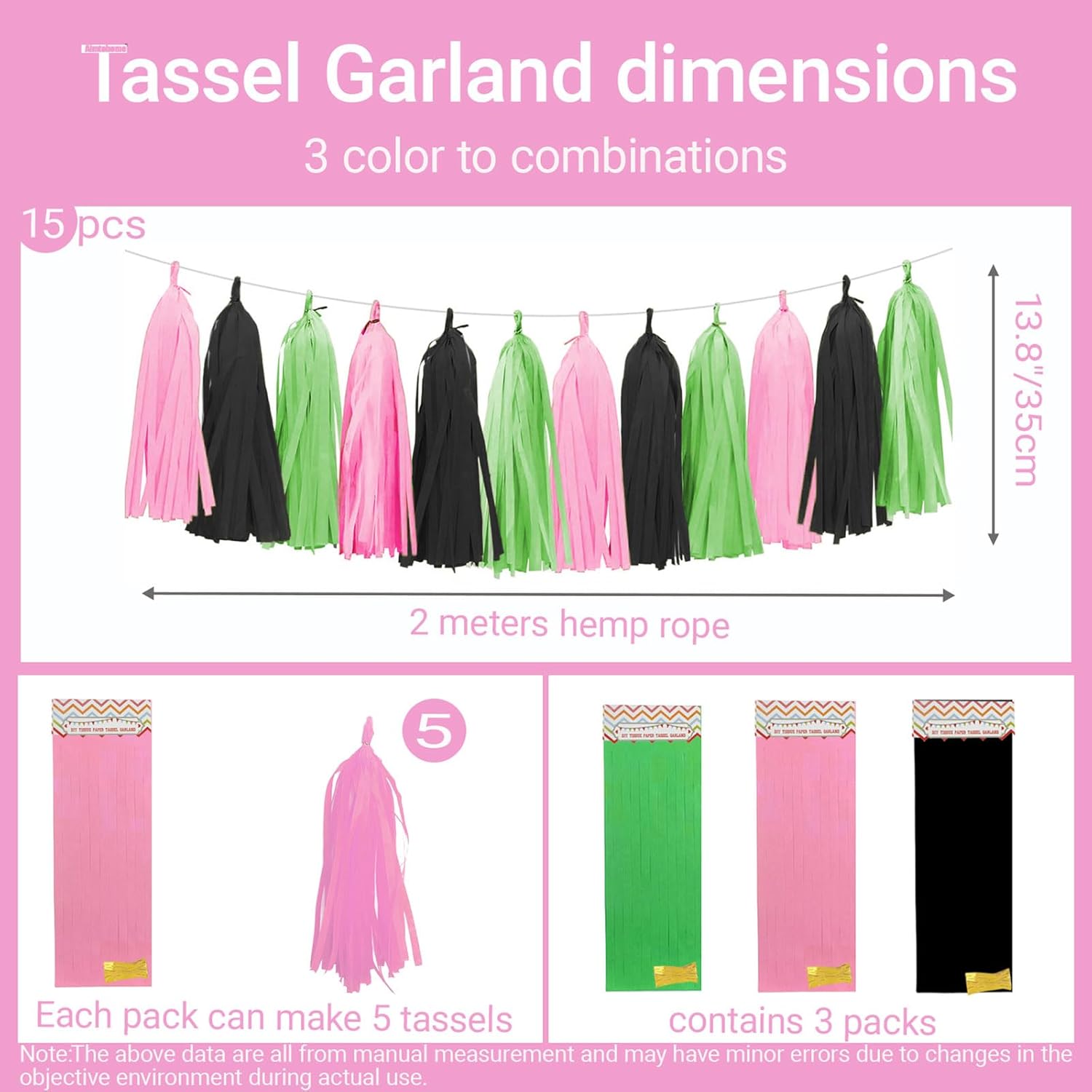 Tissue Paper Tassel Garland 15 Pack Pink Green Black