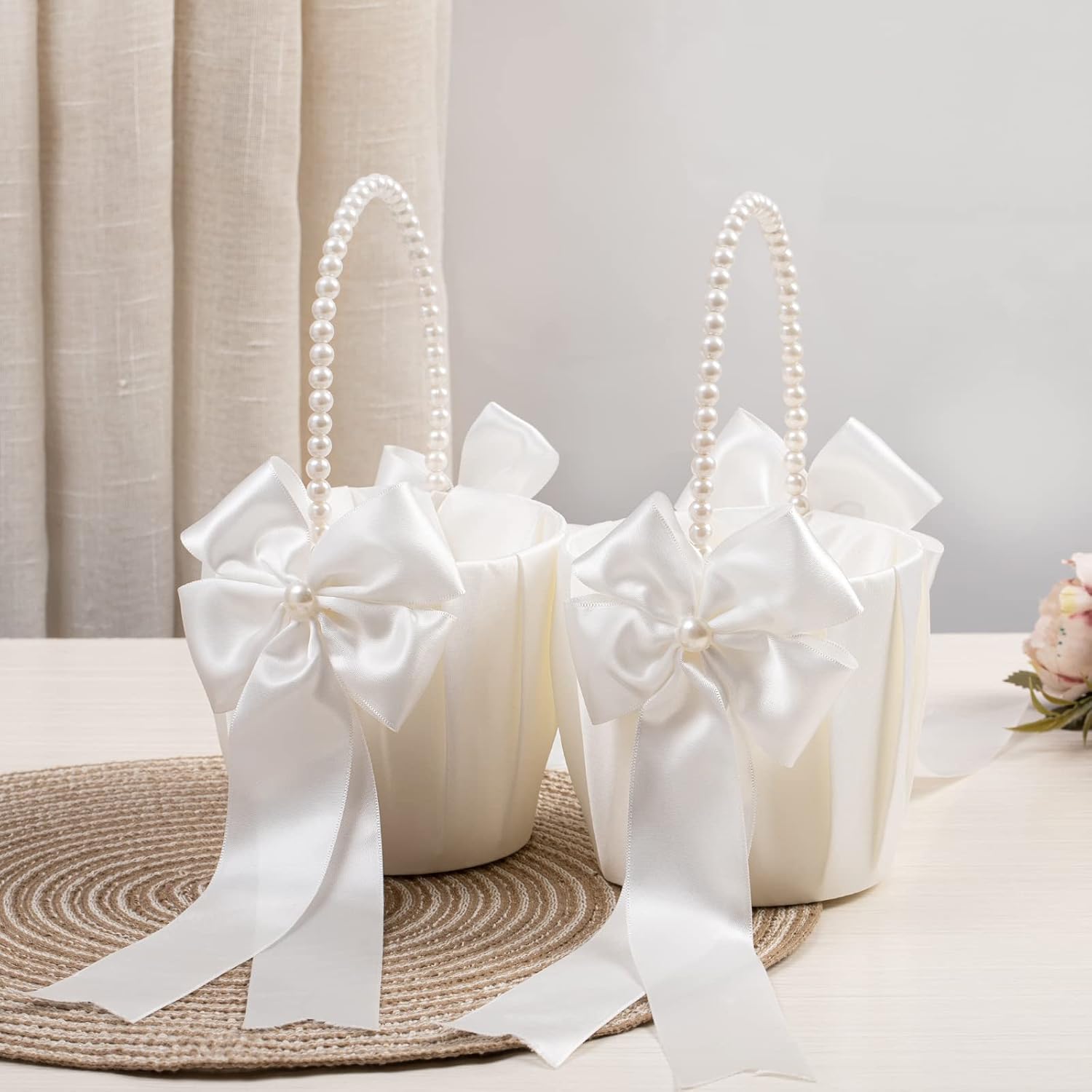 Ivory Flower Girl Baskets With Pearl Handle Set of 2