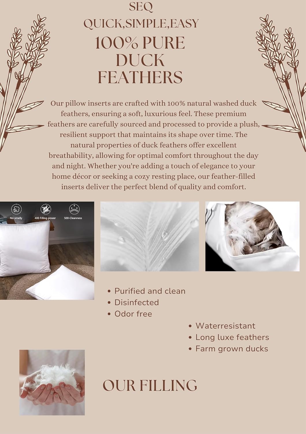 SEQ 20x20 Duck Feather Pillow Inserts - Set of 2