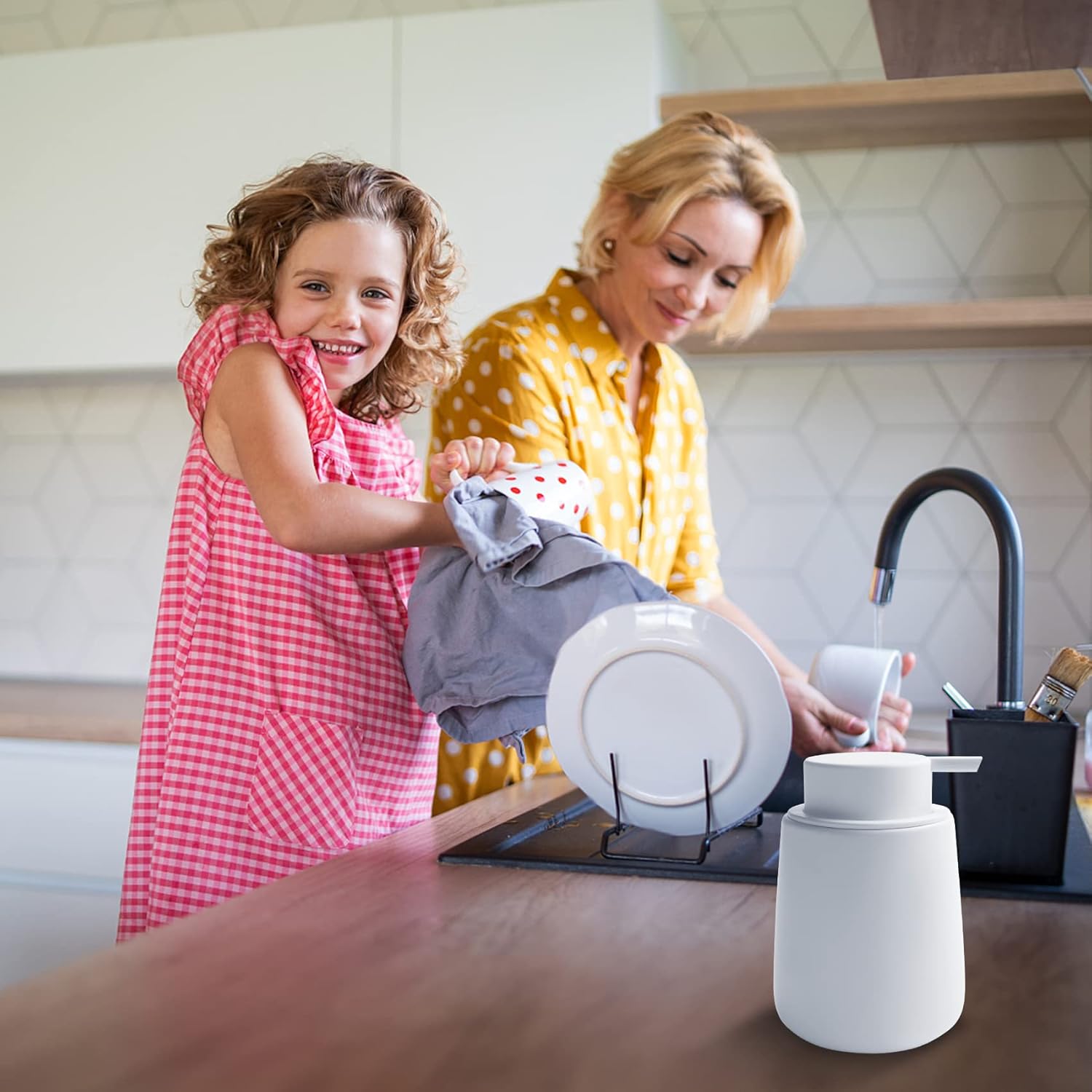 Ceramic Soap Dispenser with Easy to Press Pump 12 oz White