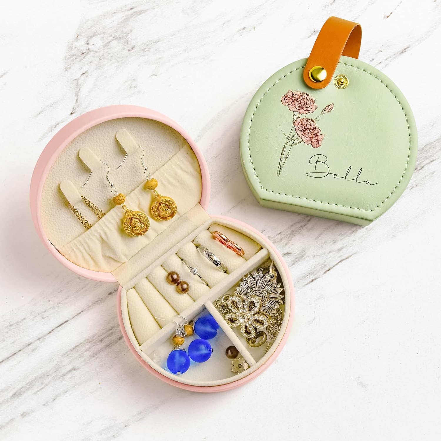 Personalized Leather Jewelry Box with Name and Birth Flower for Women