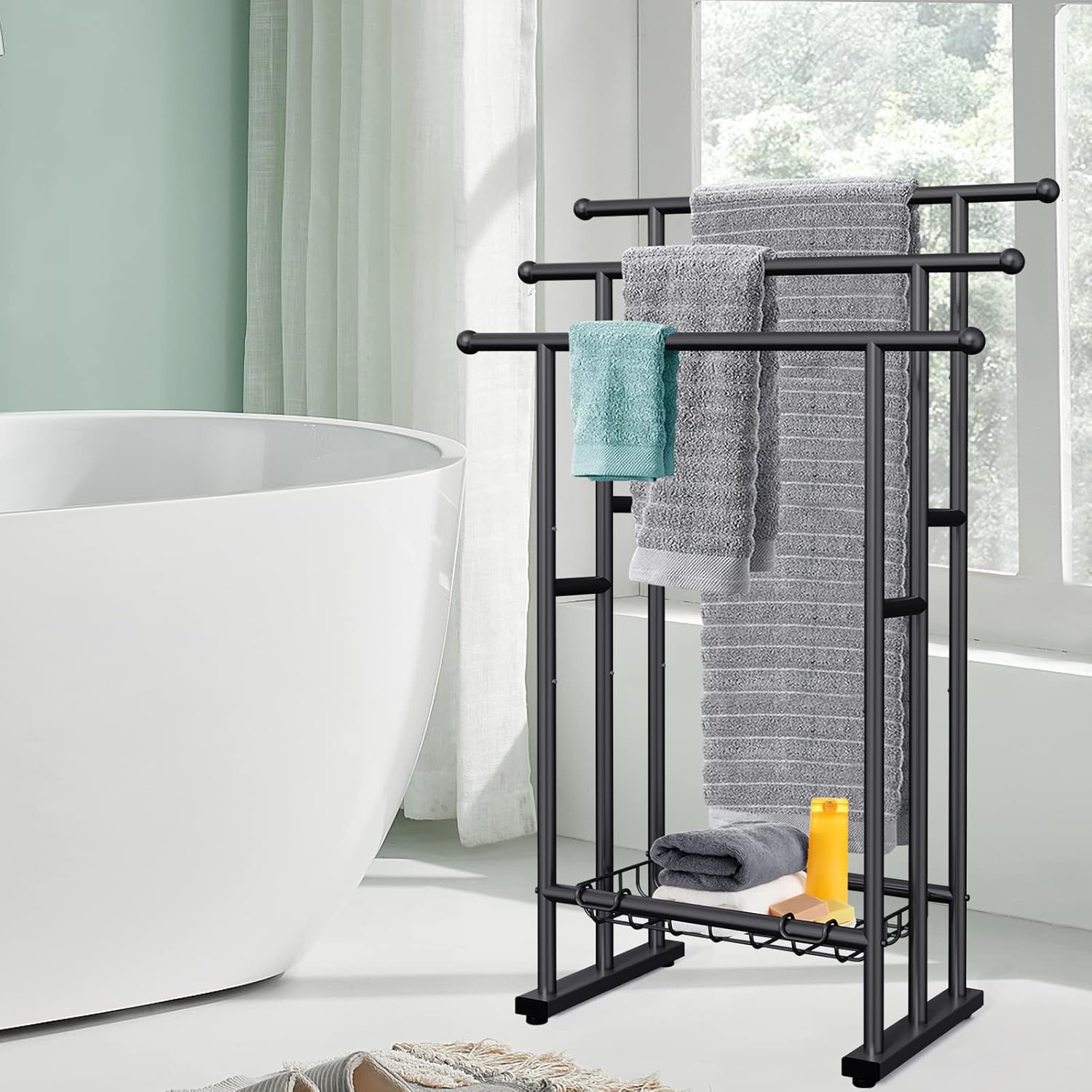 Kayfia 40 Inch Free Standing Towel Rack 3 Tier with Basket Black