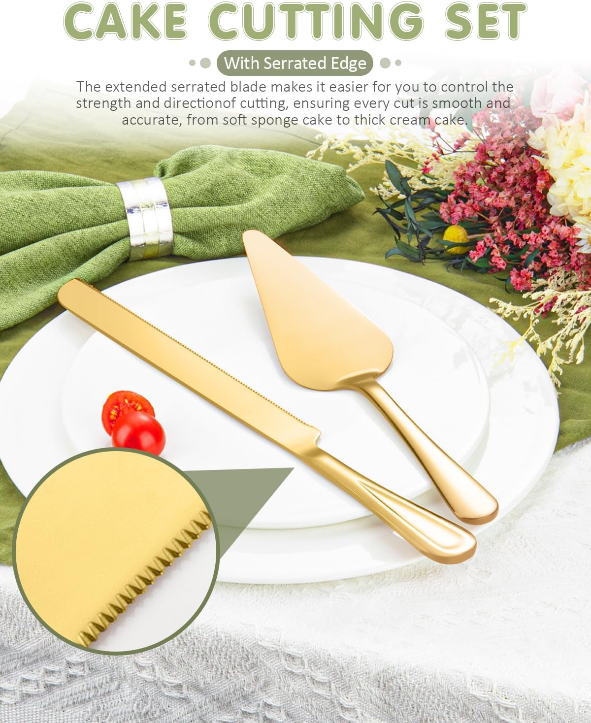 FTAKRY 13-Inch Cake Cutting Set with Gold Finish