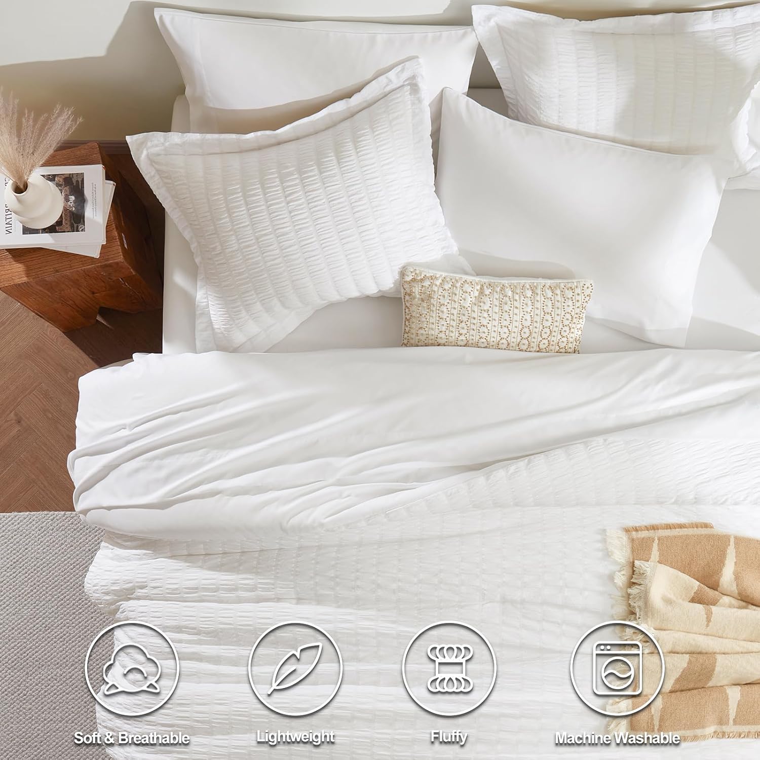 CozyLux Queen Comforter Set White Seersucker 7 Piece Bed in a Bag