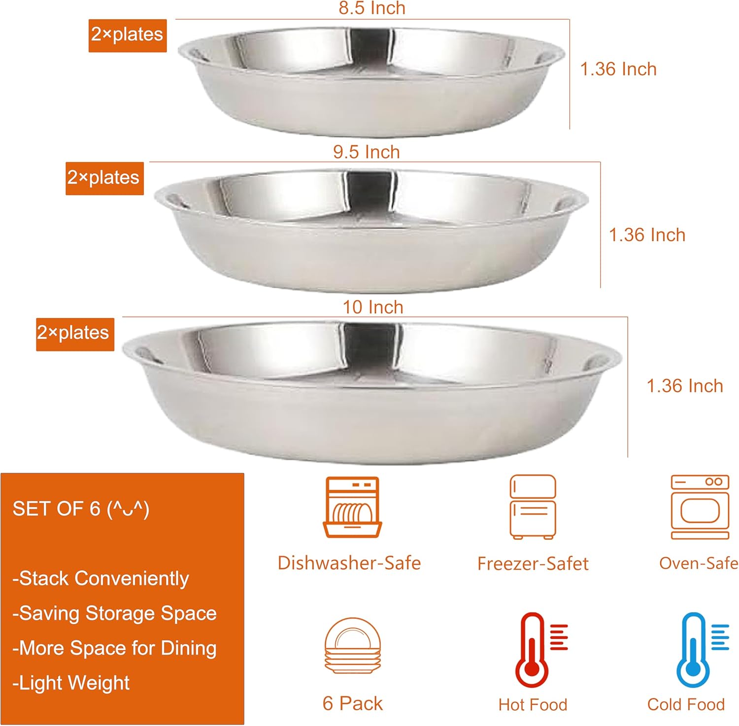 6 Pcs Stainless Steel Dinner Plates Set