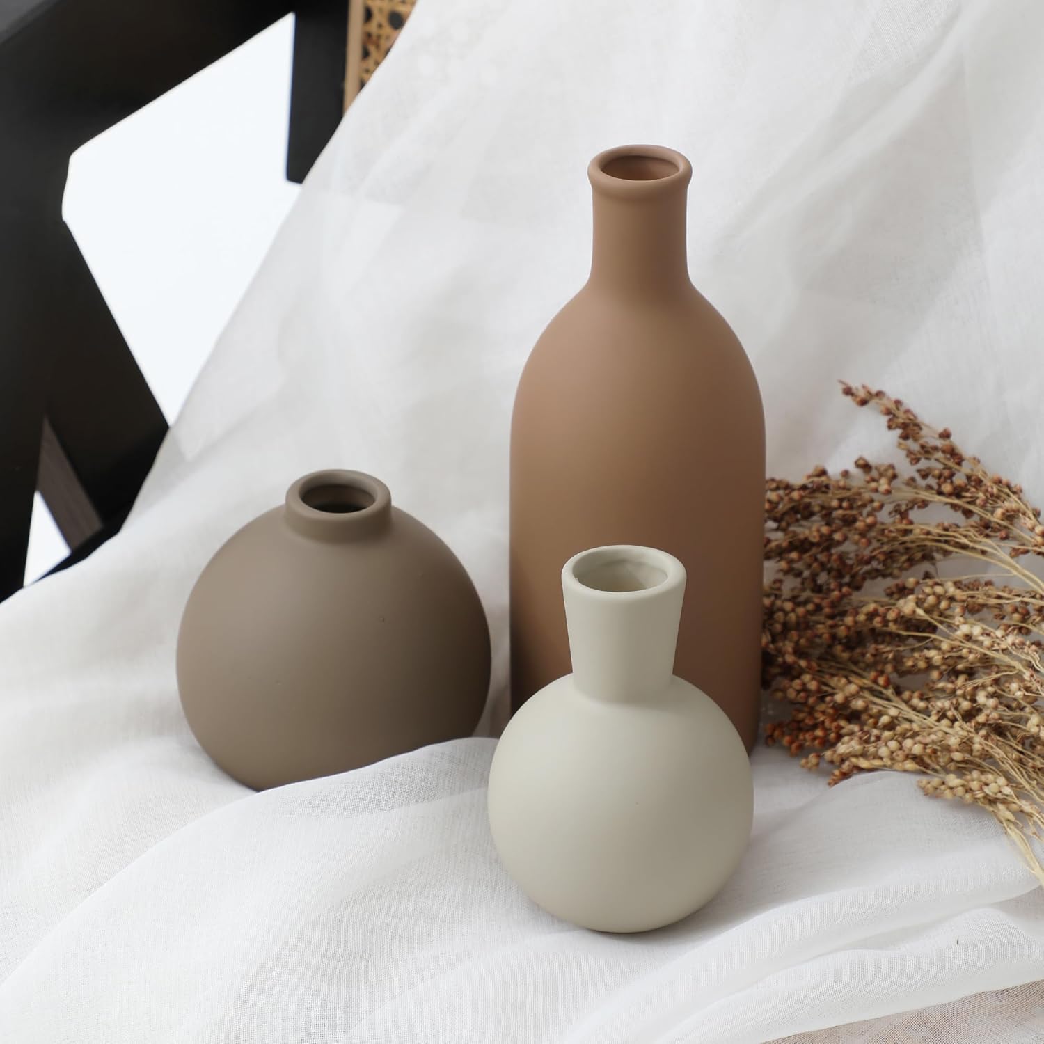 Ceramic Vase Set of 3 Brown Rustic Farmhouse Decor