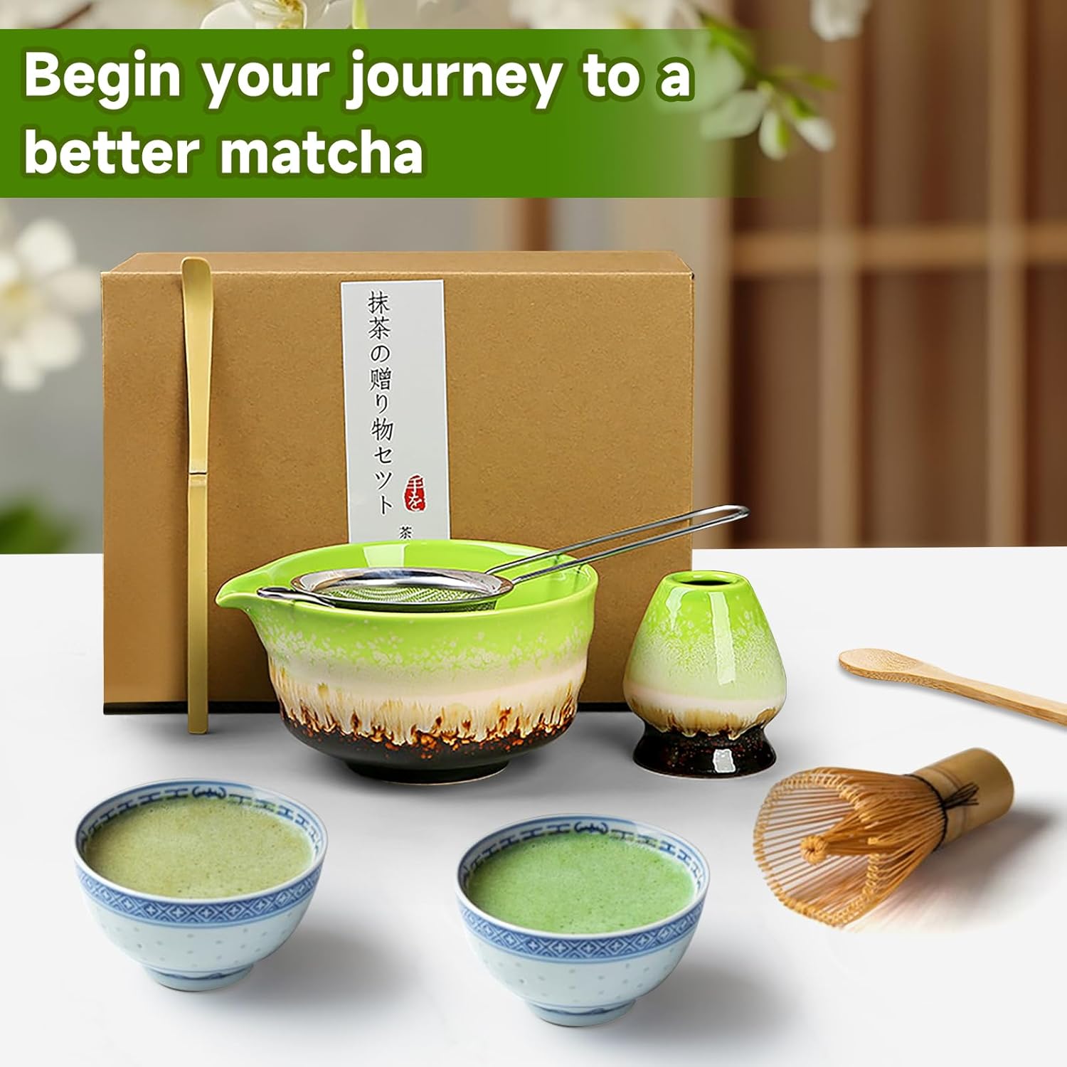 Japanese Matcha Set - Ceremony Tools with Bamboo Whisk Scoop Sifter Bowl Holder
