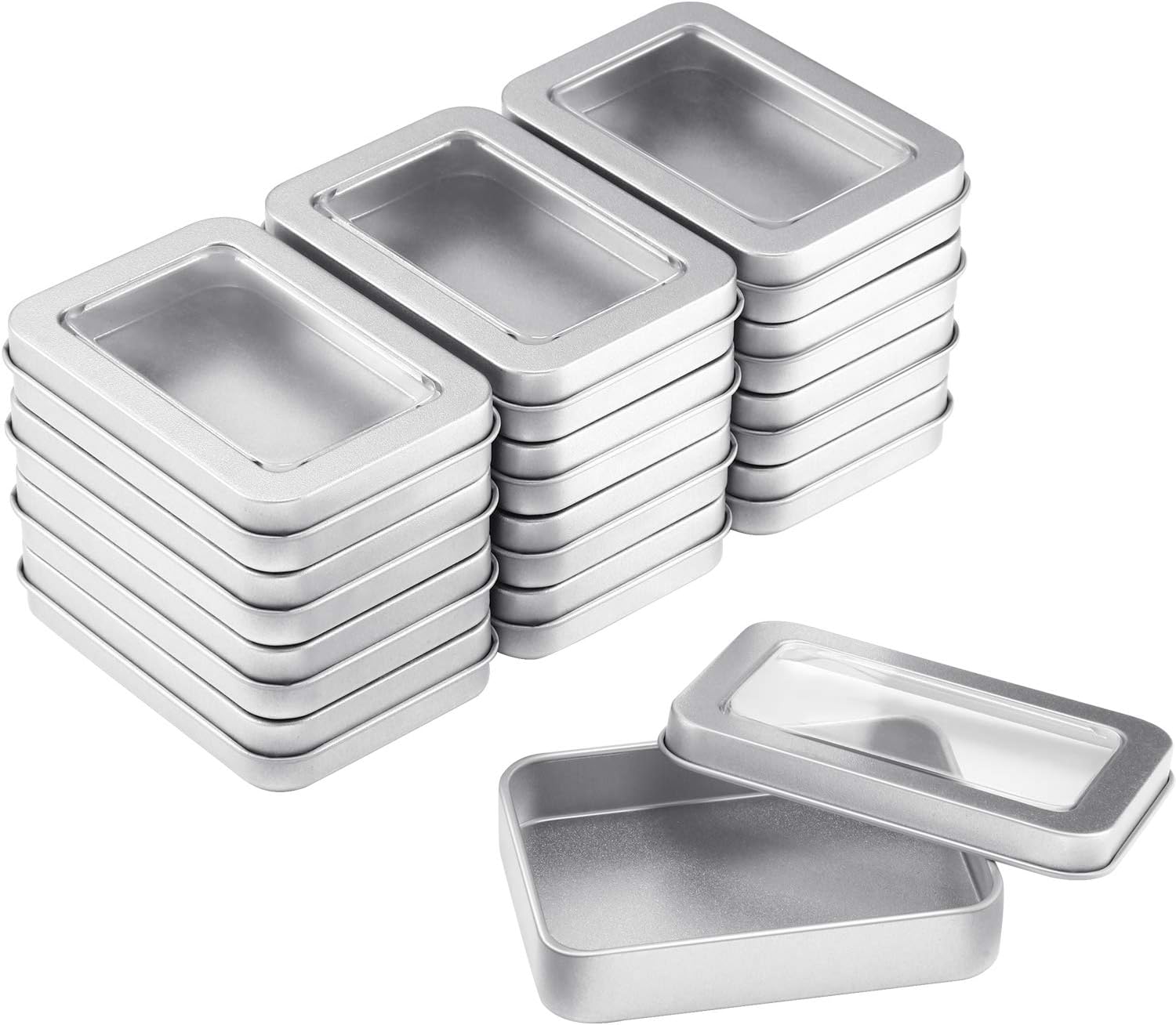 24 Piece Clear Top Tin Box Set with Lids - Silver
