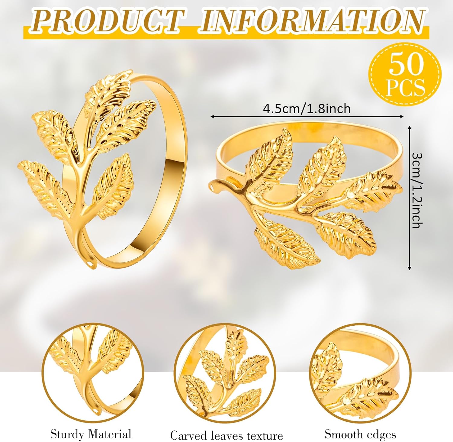 Bokon 50 Pcs Gold Napkin Rings Metal Leaf Design Holders